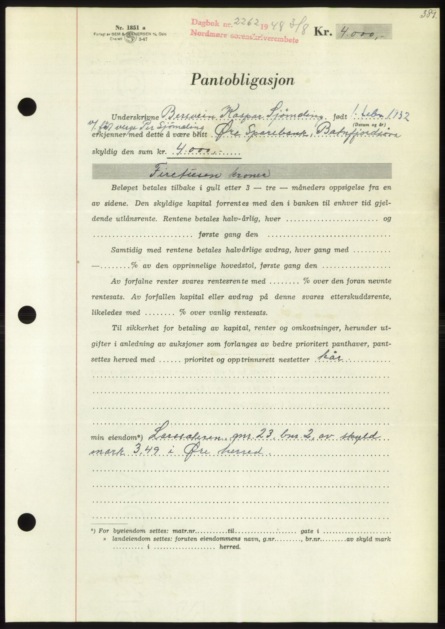 Nordmøre sorenskriveri, AV/SAT-A-4132/1/2/2Ca: Mortgage book no. B99, 1948-1948, Diary no: : 2262/1948