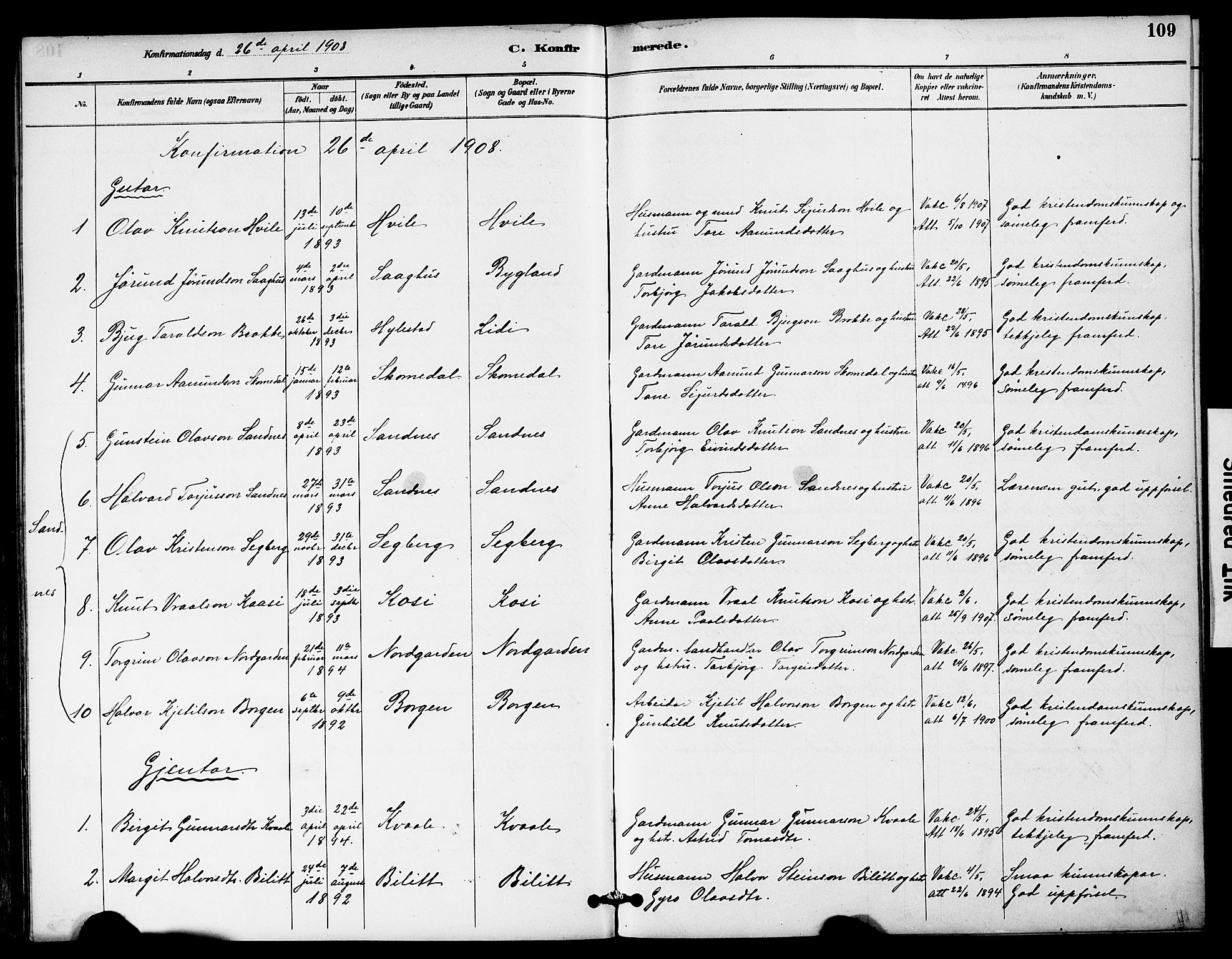 Bygland sokneprestkontor, SAK/1111-0006/F/Fa/Fab/L0007: Parish register (official) no. A 7, 1885-1909, p. 109