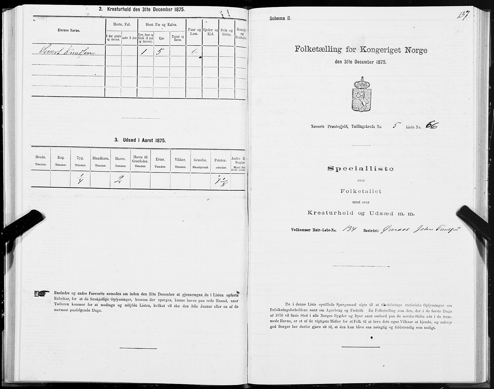 SAT, 1875 census for 1543P Nesset, 1875, p. 3137