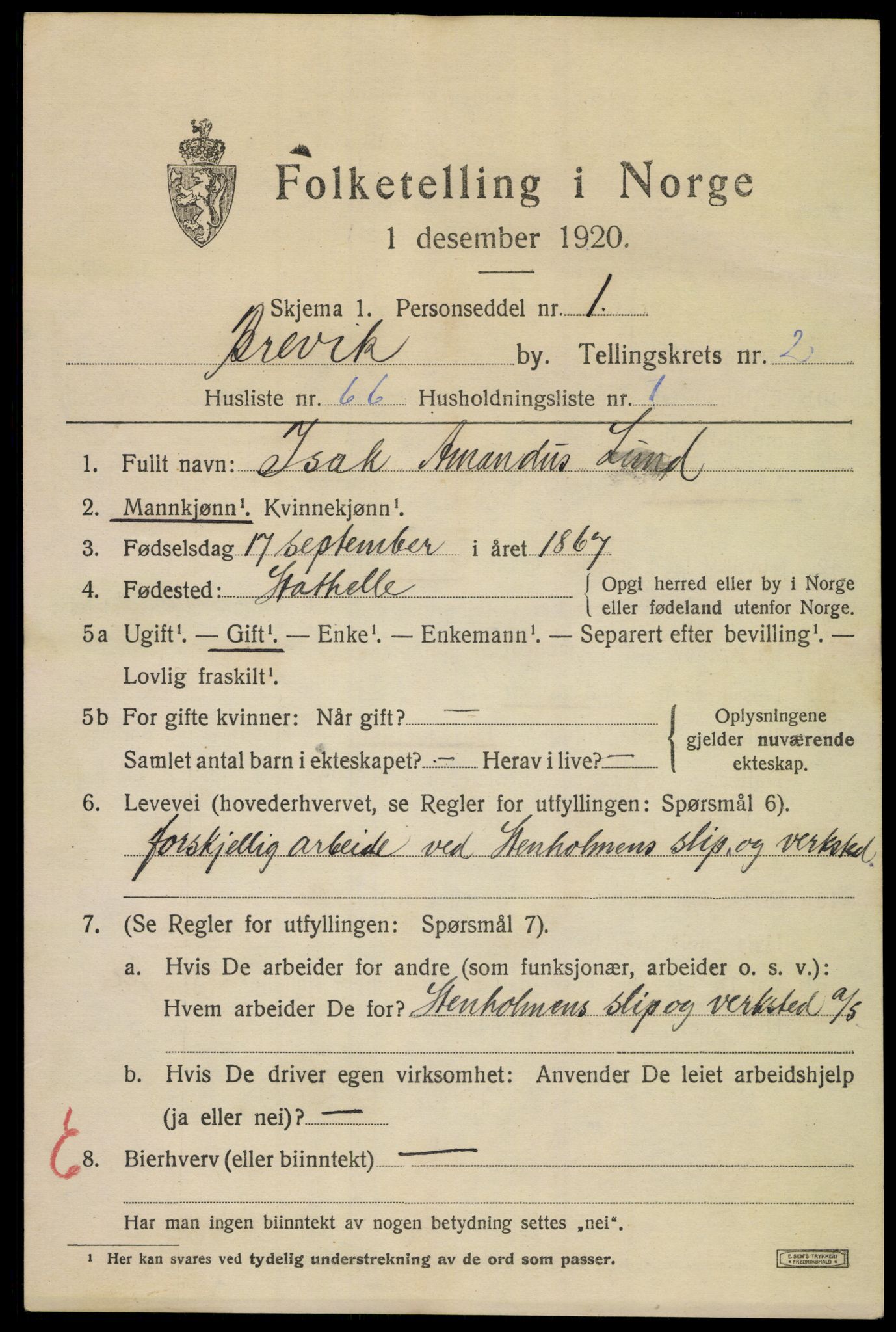 SAKO, 1920 census for Brevik, 1920, p. 4650