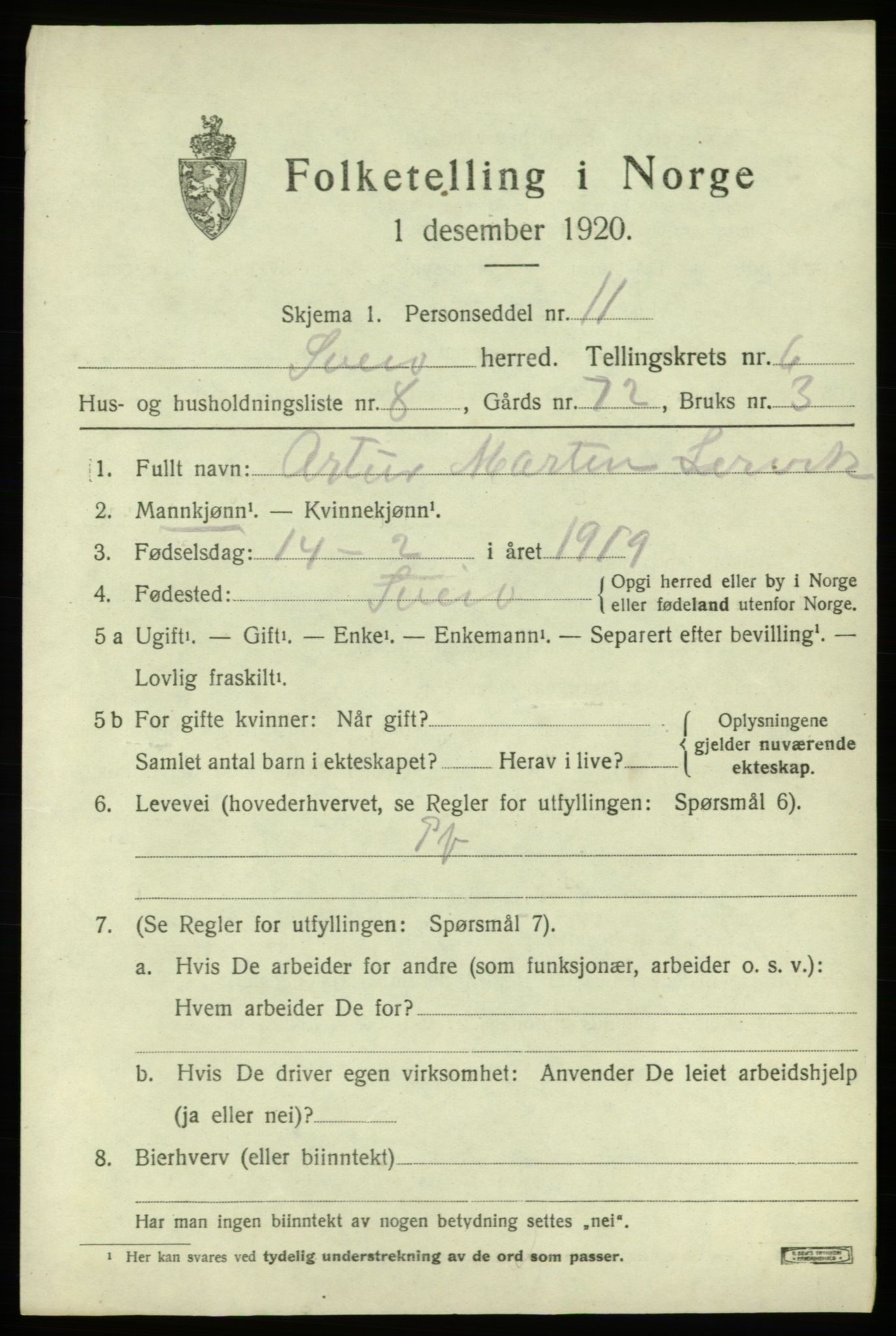 SAB, 1920 census for Sveio, 1920, p. 2980