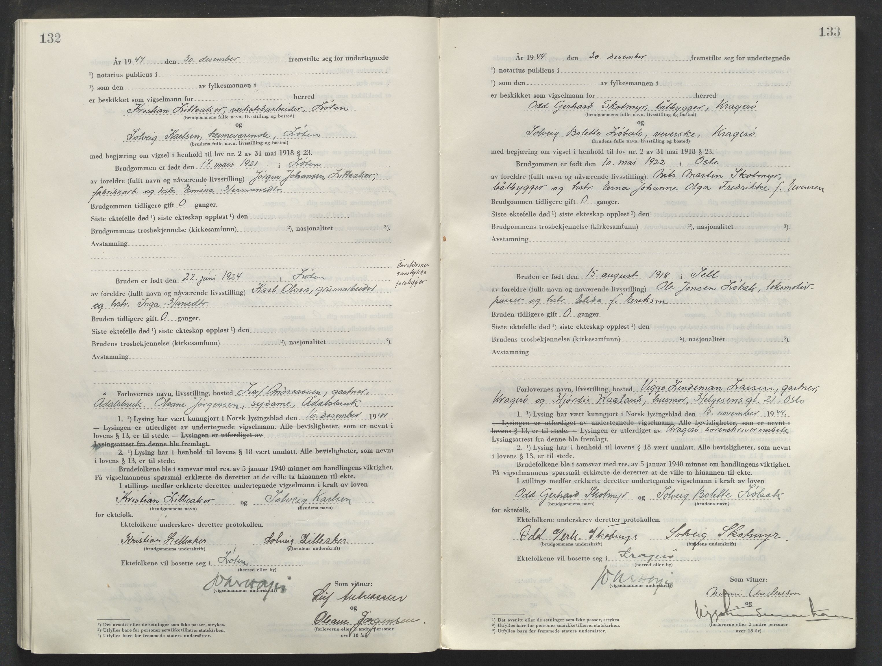 Sør-Hedmark sorenskriveri, AV/SAH-TING-014/L/Le/L0002/0001: Vigselsbøker / Vigselbok, 1944-1945, p. 134-135
