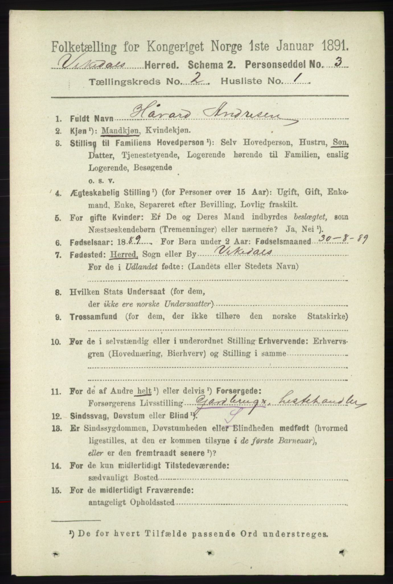 RA, 1891 census for 1157 Vikedal, 1891, p. 290