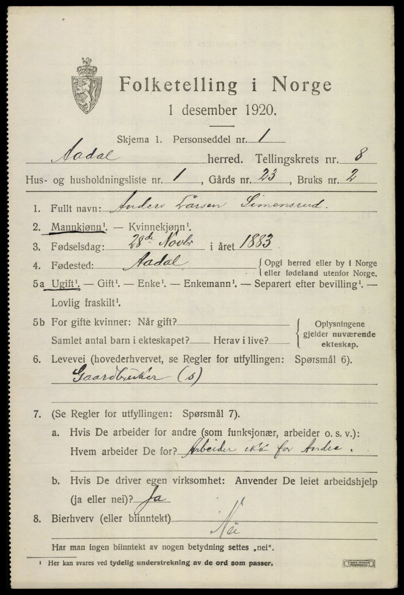 SAKO, 1920 census for Ådal, 1920, p. 5334