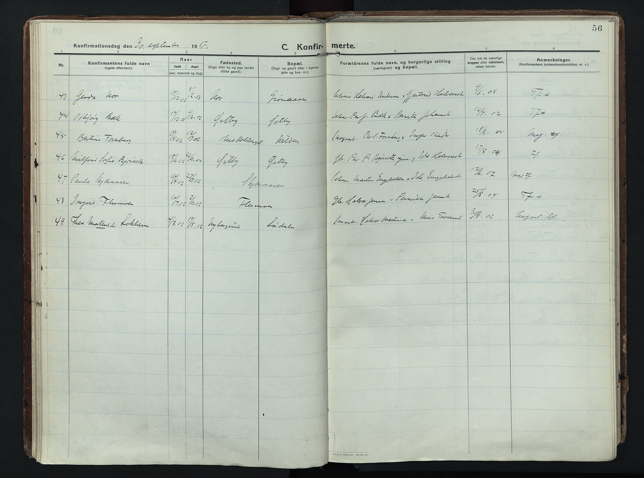 Trysil prestekontor, AV/SAH-PREST-046/H/Ha/Haa/L0014: Parish register (official) no. 14, 1912-1923, p. 56