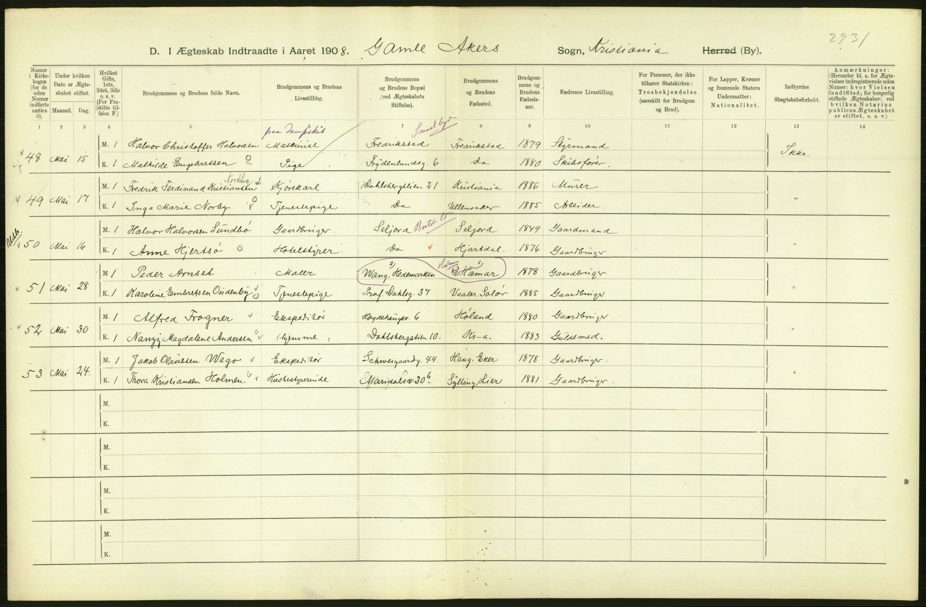 Statistisk sentralbyrå, Sosiodemografiske emner, Befolkning, AV/RA-S-2228/D/Df/Dfa/Dfaf/L0007: Kristiania: Gifte, 1908, p. 306