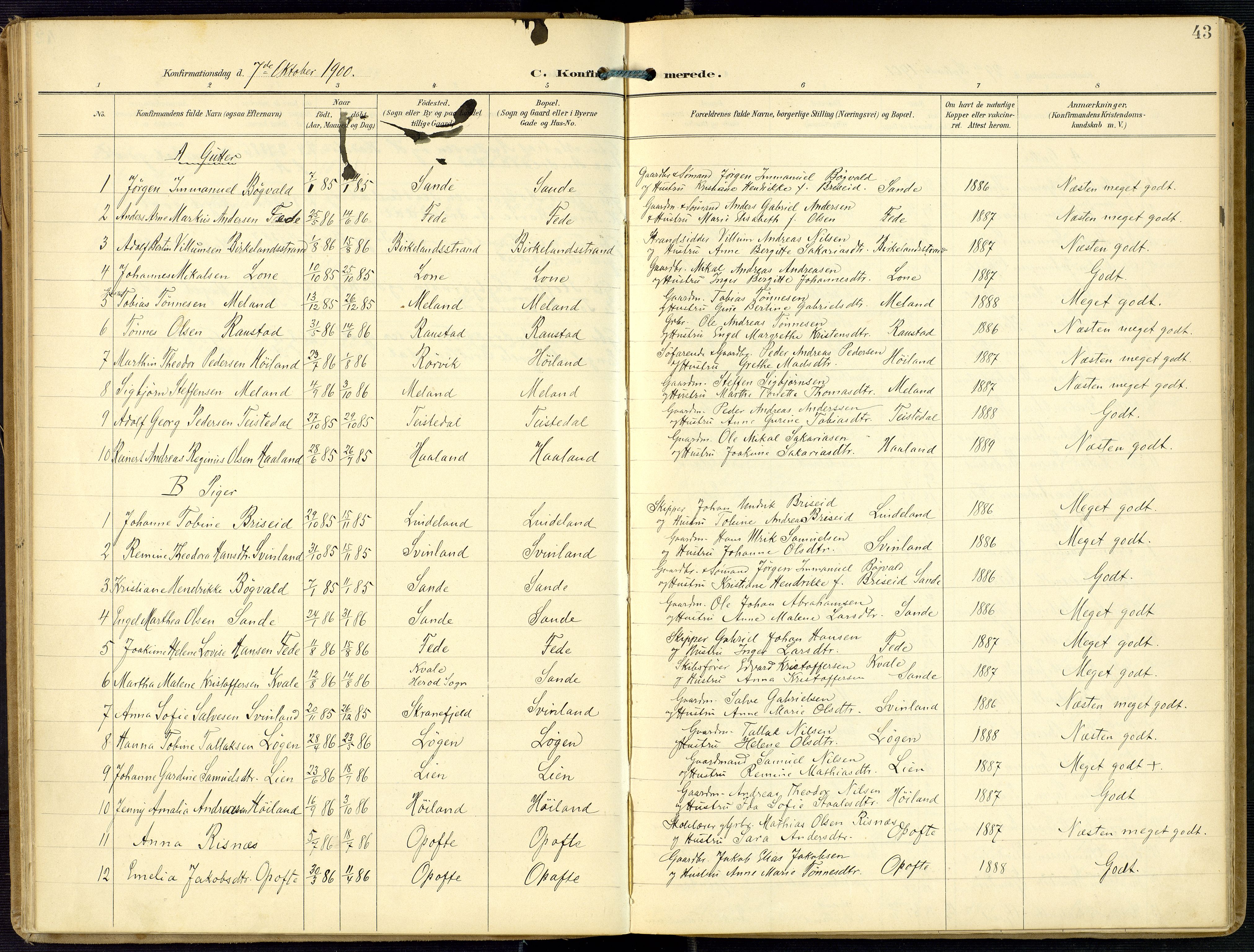Kvinesdal sokneprestkontor, SAK/1111-0026/F/Fa/Faa/L0005: Parish register (official) no. A 5, 1898-1915, p. 43