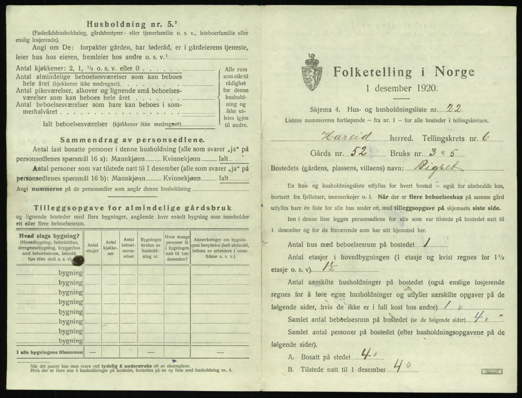 SAT, 1920 census for Hareid, 1920, p. 327