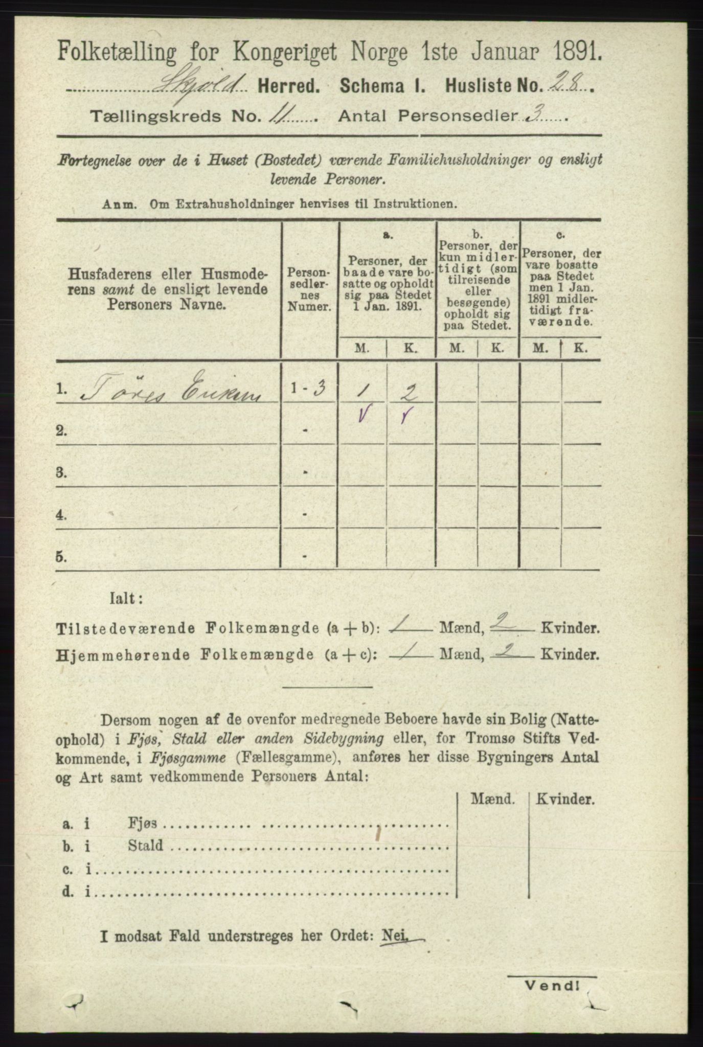 RA, 1891 census for 1154 Skjold, 1891, p. 2063