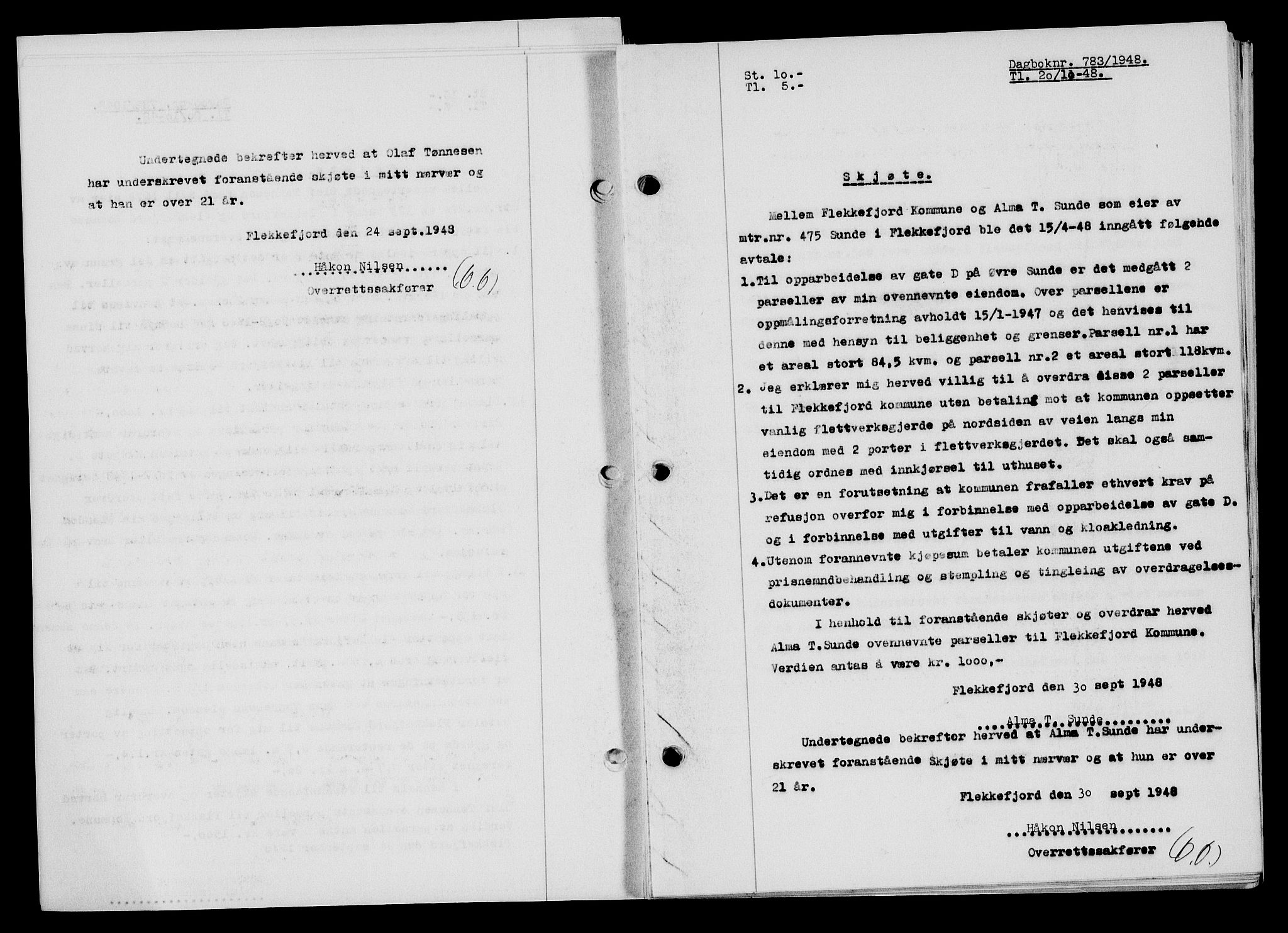 Flekkefjord sorenskriveri, SAK/1221-0001/G/Gb/Gba/L0064: Mortgage book no. A-12, 1948-1949, Diary no: : 783/1948