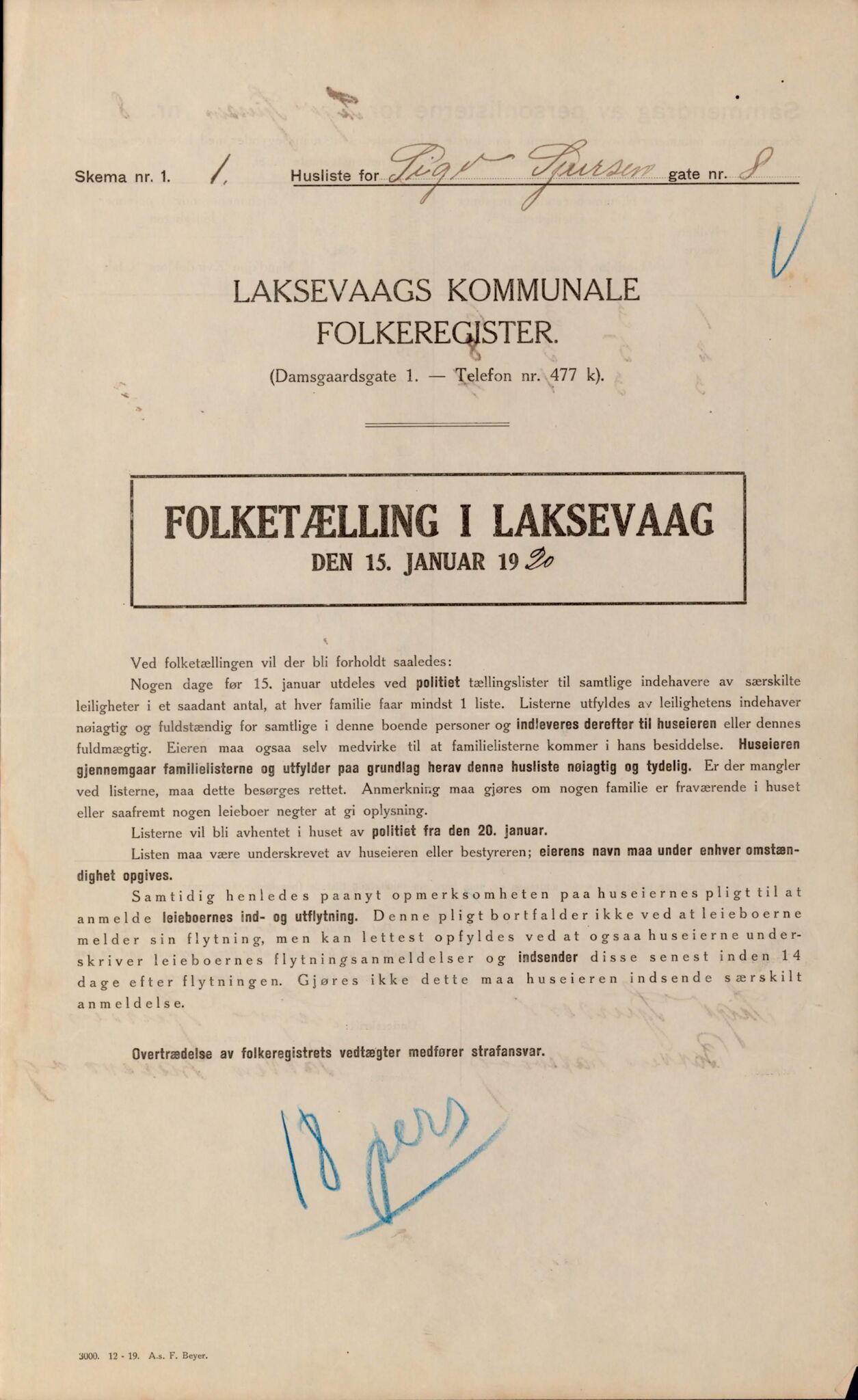 Laksevåg kommune. Folkeregisteret, BBA/A-1586/E/Ea/L0001: Folketellingskjema 1920, 1920, p. 1311