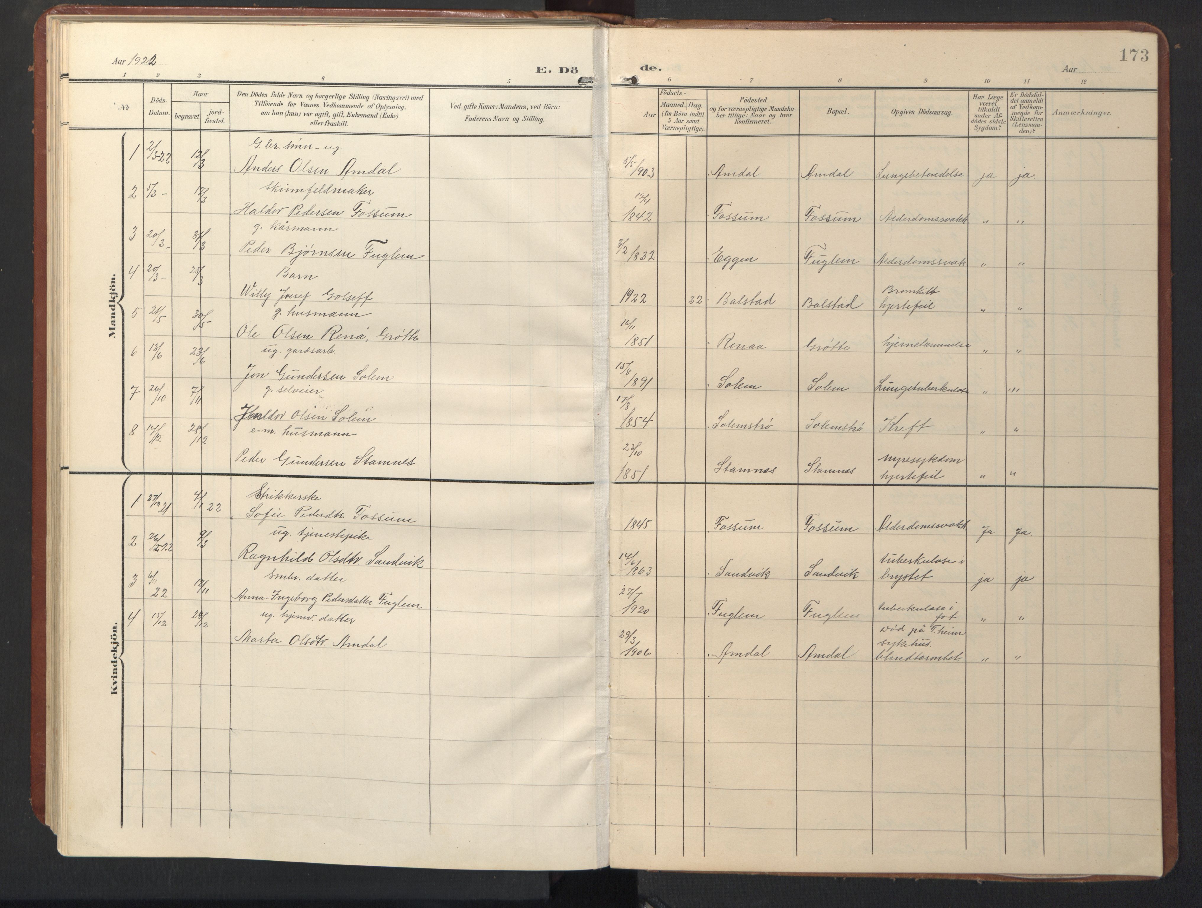 Ministerialprotokoller, klokkerbøker og fødselsregistre - Sør-Trøndelag, AV/SAT-A-1456/696/L1161: Parish register (copy) no. 696C01, 1902-1950, p. 173