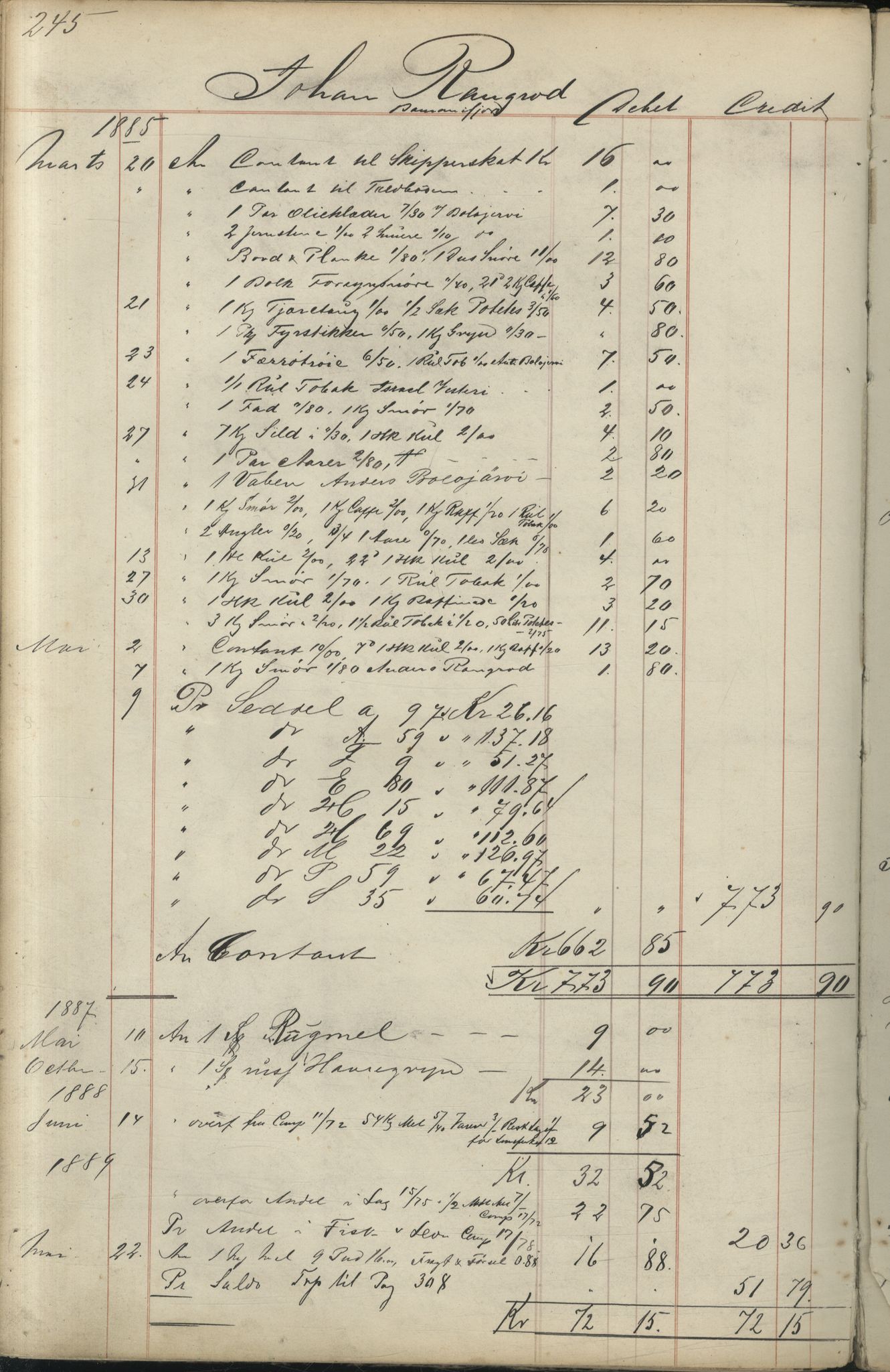 Brodtkorb handel A/S, VAMU/A-0001/F/Fc/L0001/0001: Konto for kvener og nordmenn på Kolahalvøya  / Conto for Kvæner og Nordmænd paa Russefinmarken No 1, 1868-1894, p. 245