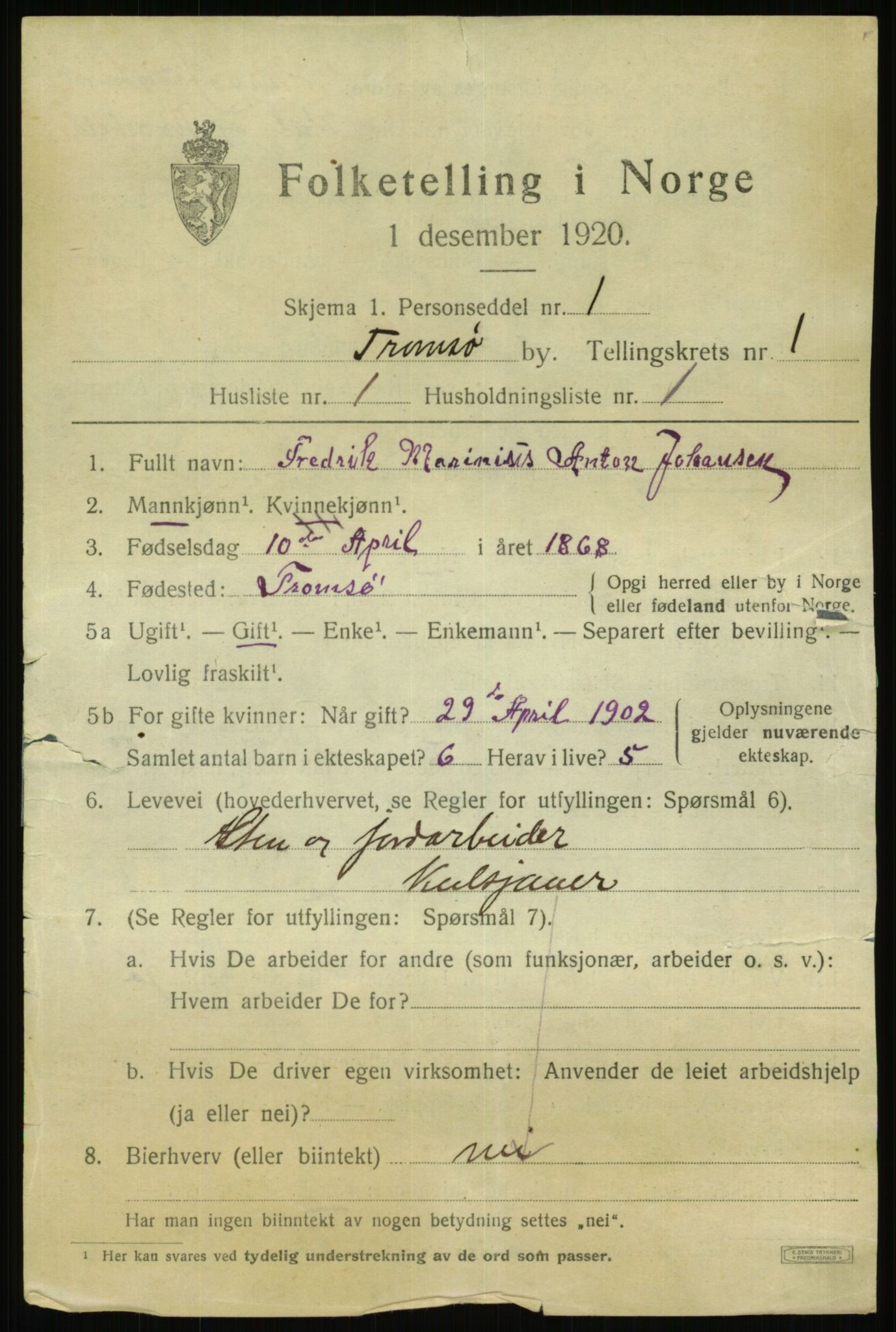 SATØ, 1920 census for Tromsø, 1920, p. 6857