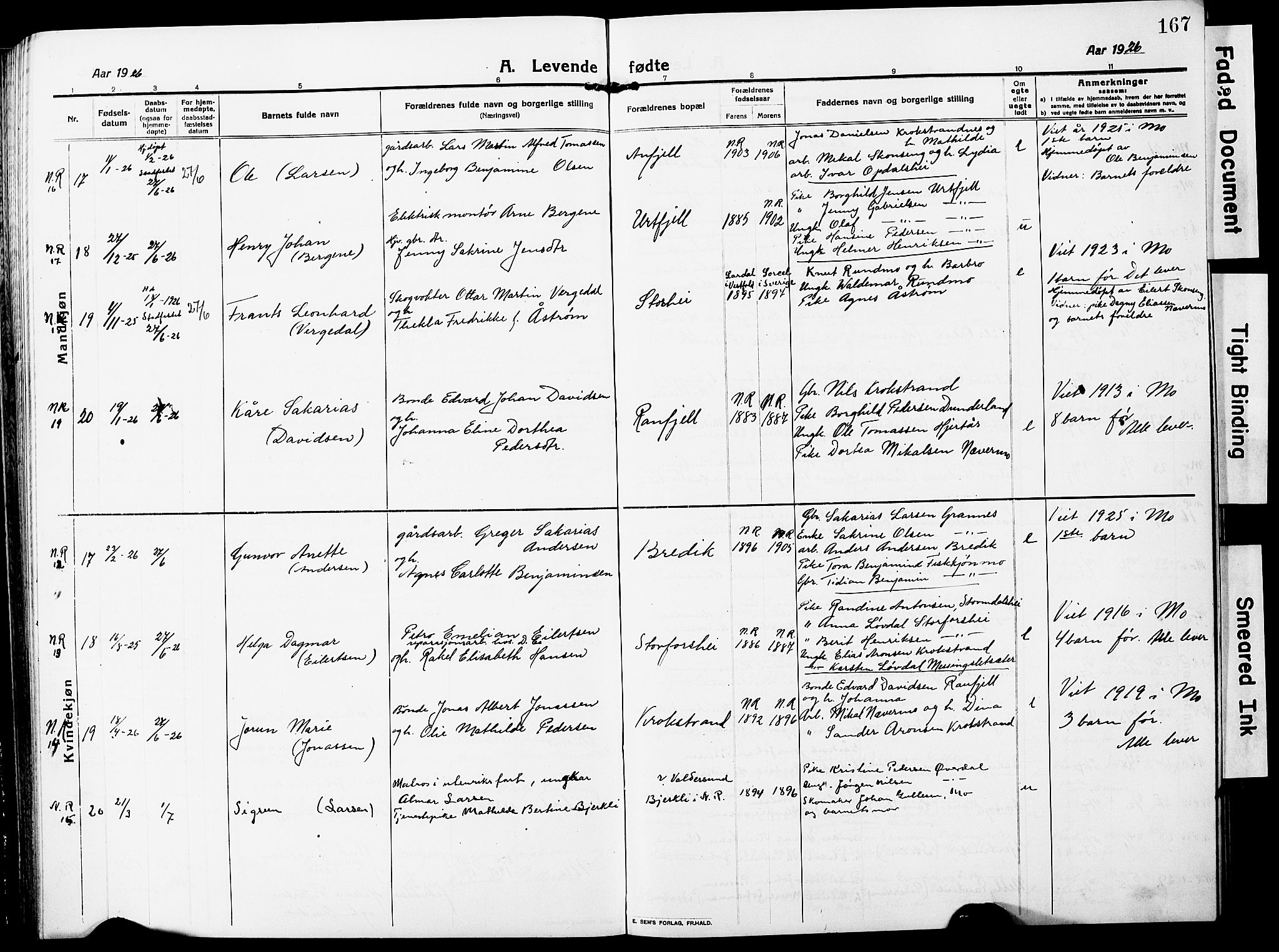 Ministerialprotokoller, klokkerbøker og fødselsregistre - Nordland, AV/SAT-A-1459/827/L0423: Parish register (copy) no. 827C12, 1912-1930, p. 167