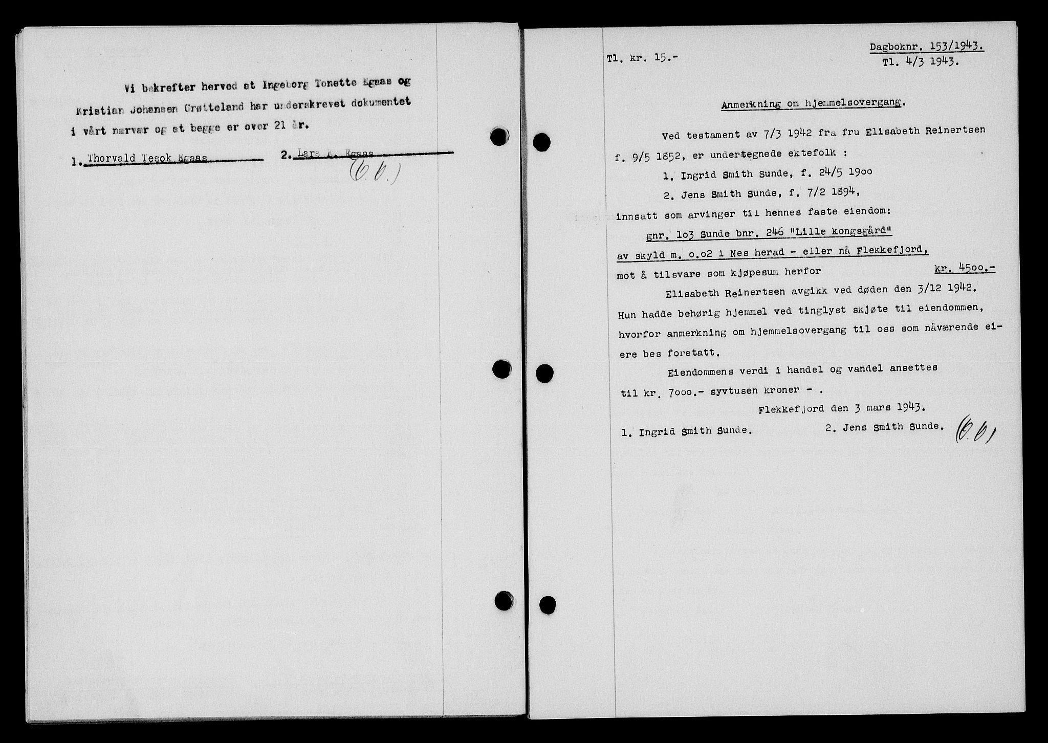 Flekkefjord sorenskriveri, SAK/1221-0001/G/Gb/Gba/L0058: Mortgage book no. A-6, 1942-1944, Diary no: : 153/1943