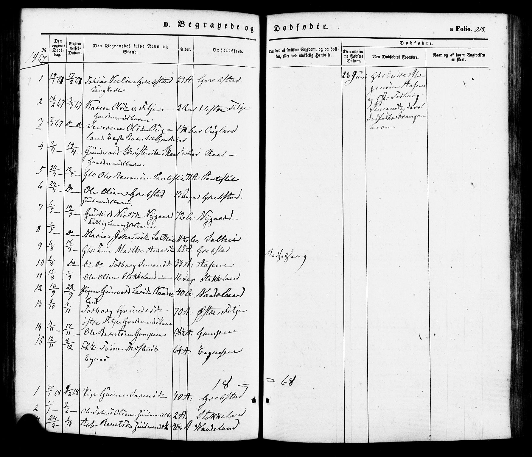 Søgne sokneprestkontor, AV/SAK-1111-0037/F/Fa/Faa/L0002: Parish register (official) no. A 2, 1854-1882, p. 218