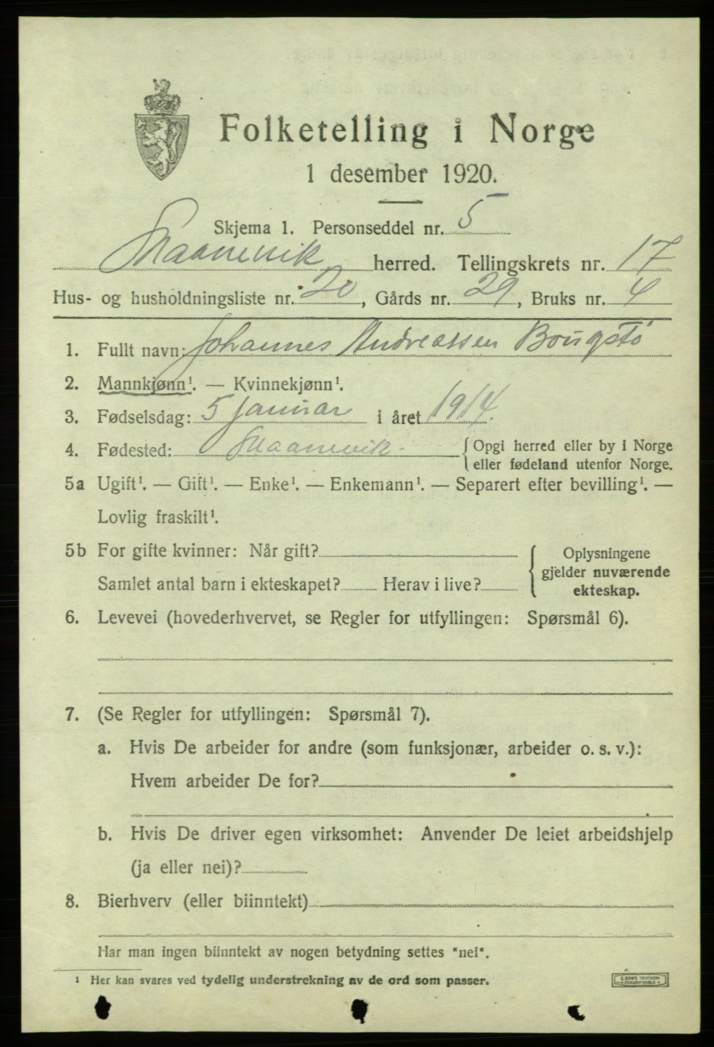 SAB, 1920 census for Skånevik, 1920, p. 6819