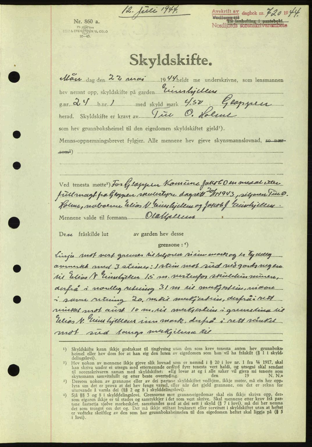 Nordfjord sorenskriveri, AV/SAB-A-2801/02/02b/02bj/L0009a: Mortgage book no. A9 I, 1944-1944, Diary no: : 720/1944