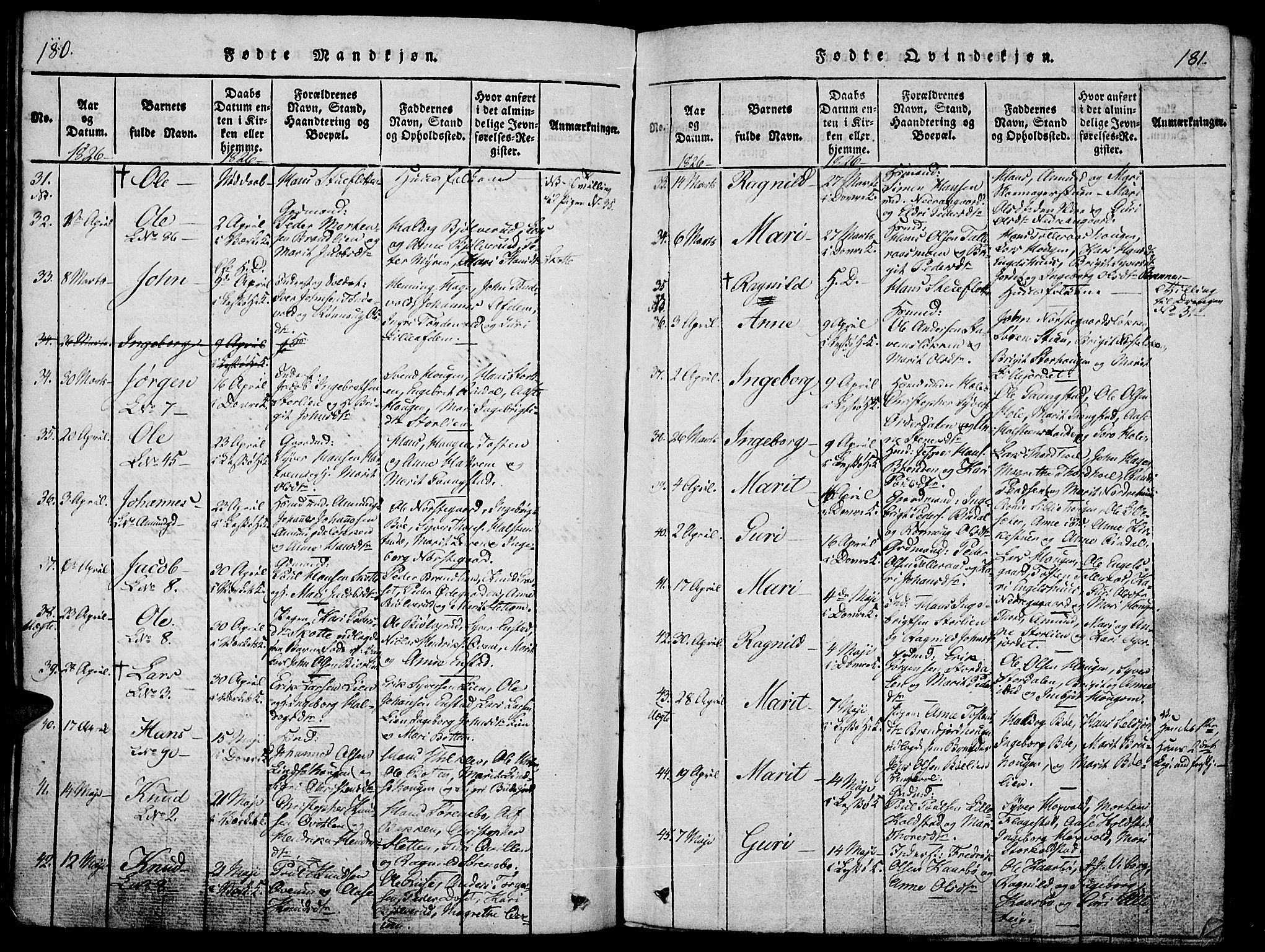 Lesja prestekontor, SAH/PREST-068/H/Ha/Haa/L0004: Parish register (official) no. 4, 1820-1829, p. 180-181