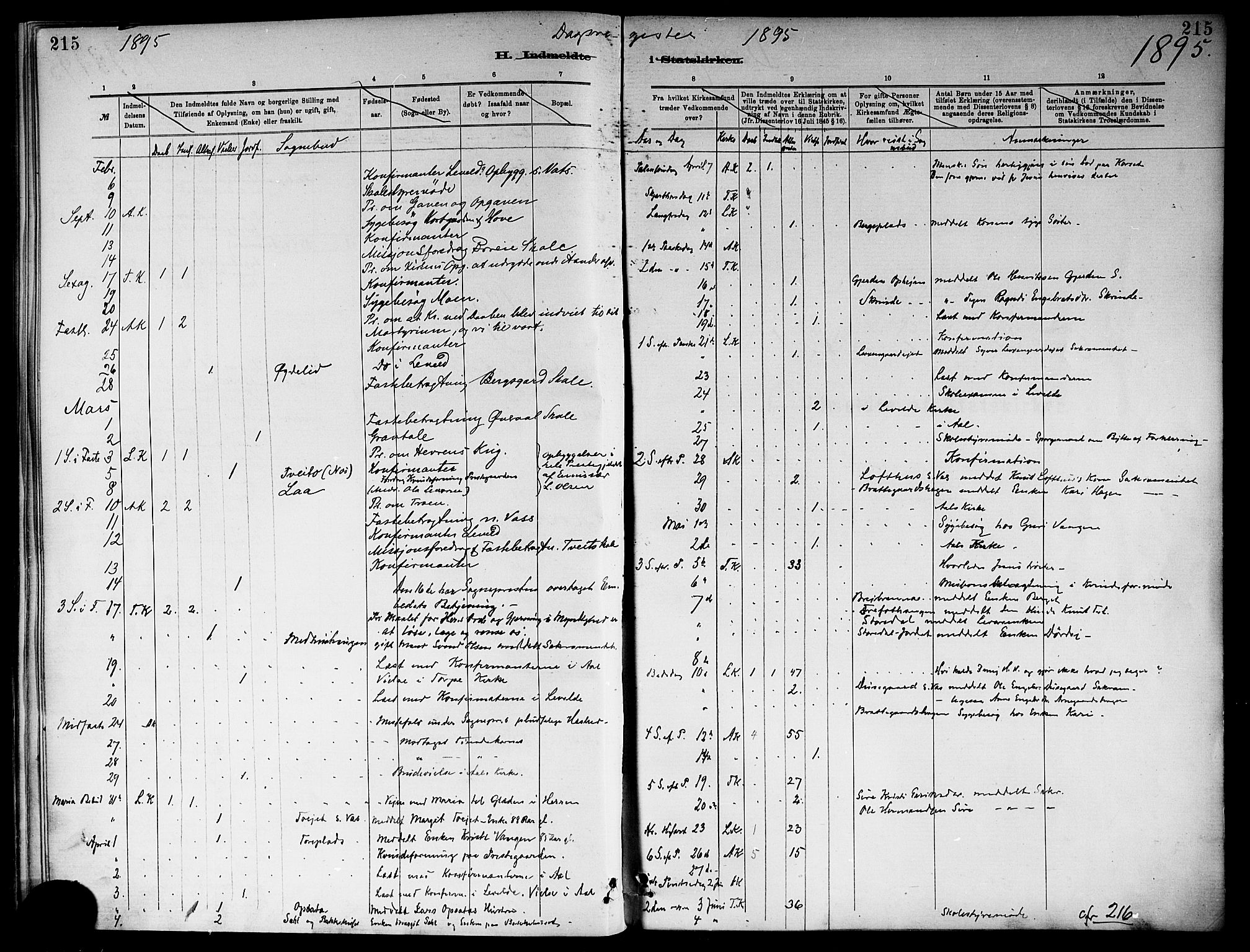 Ål kirkebøker, SAKO/A-249/F/Fa/L0008: Parish register (official) no. I 8, 1882-1896, p. 215