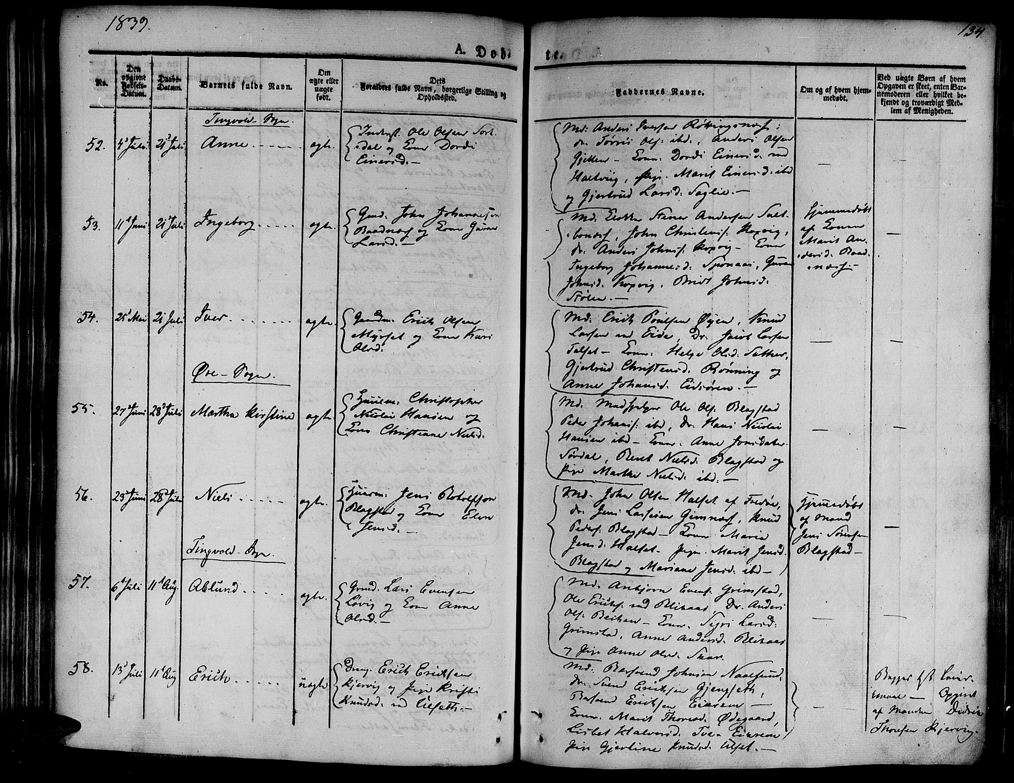 Ministerialprotokoller, klokkerbøker og fødselsregistre - Møre og Romsdal, SAT/A-1454/586/L0983: Parish register (official) no. 586A09, 1829-1843, p. 134