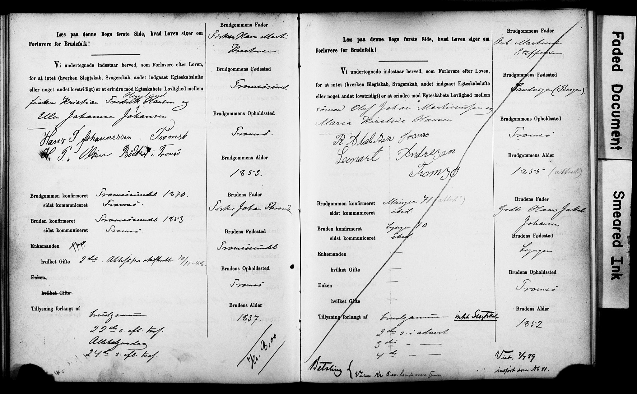 Tromsø sokneprestkontor/stiftsprosti/domprosti, AV/SATØ-S-1343/H/Hc/L0099/0001: Banns register no. 99.1, 1886-1892