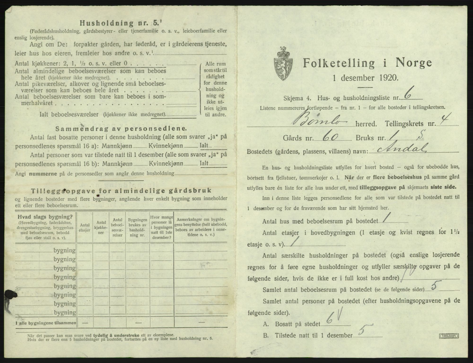 SAB, 1920 census for Bømlo, 1920, p. 443