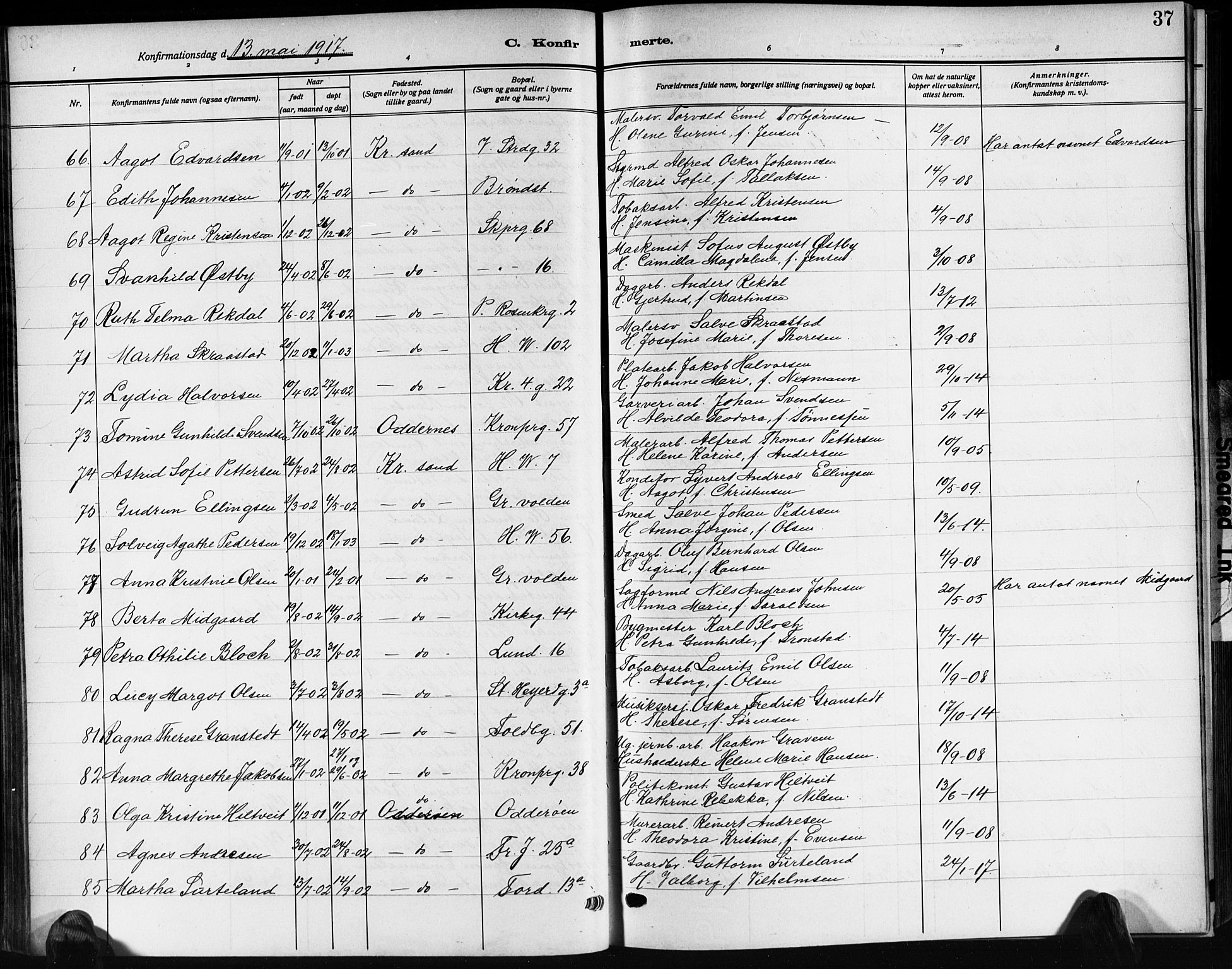 Kristiansand domprosti, AV/SAK-1112-0006/F/Fb/L0022: Parish register (copy) no. B 22, 1915-1925, p. 37