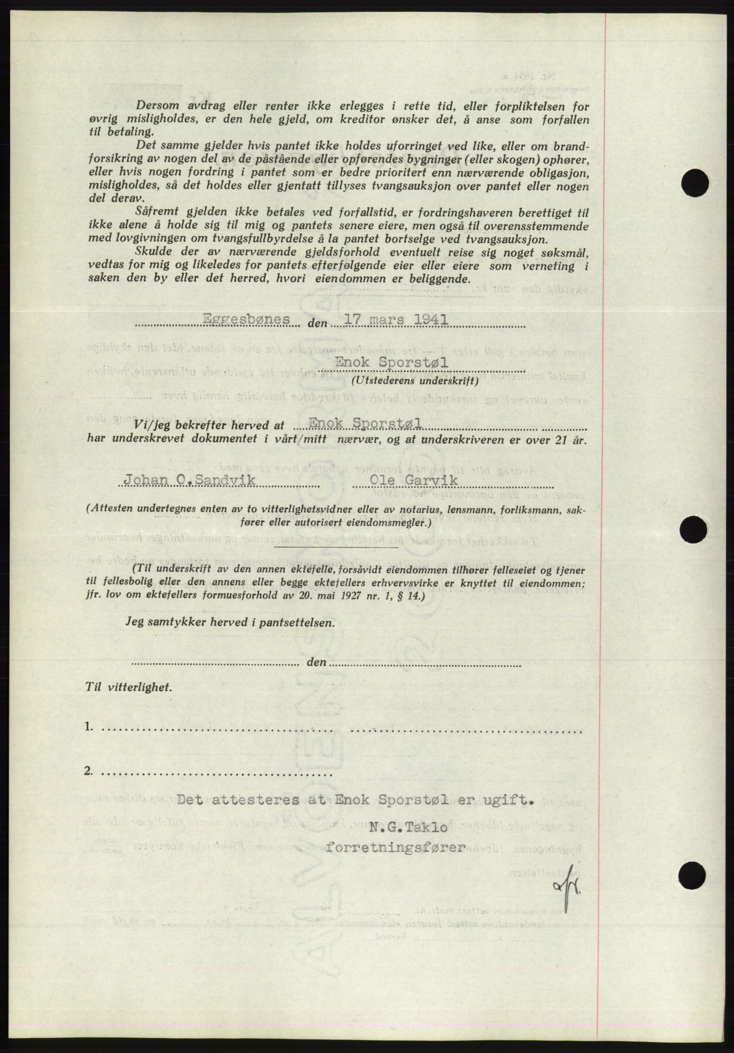 Søre Sunnmøre sorenskriveri, AV/SAT-A-4122/1/2/2C/L0071: Mortgage book no. 65, 1941-1941, Diary no: : 258/1941