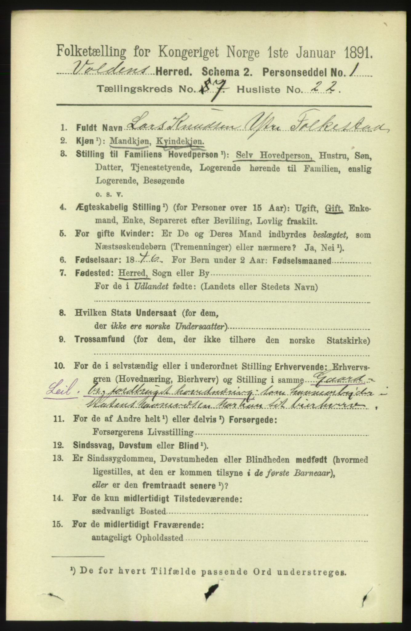 RA, 1891 census for 1519 Volda, 1891, p. 3479