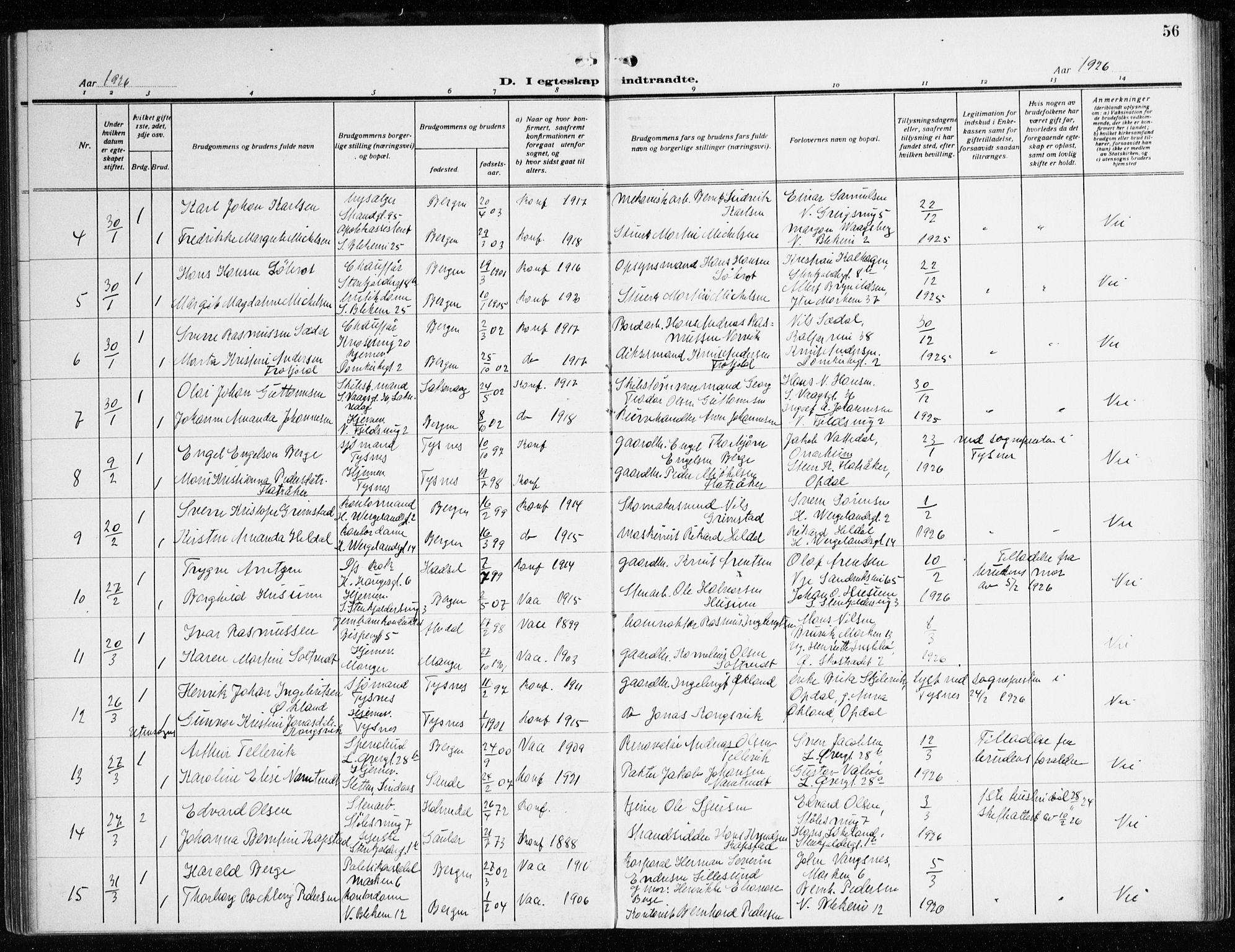 Korskirken sokneprestembete, AV/SAB-A-76101/H/Haa/L0039: Parish register (official) no. D 6, 1919-1938, p. 56