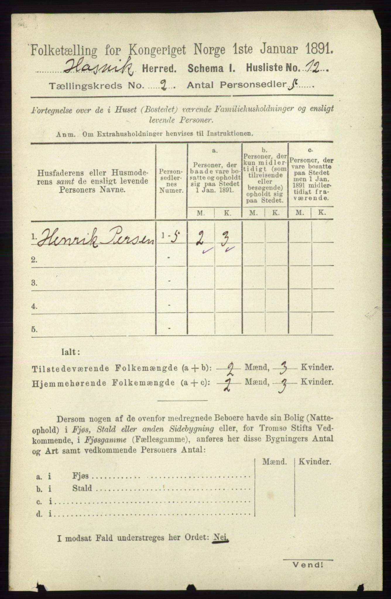 RA, 1891 census for 2015 Hasvik, 1891, p. 272