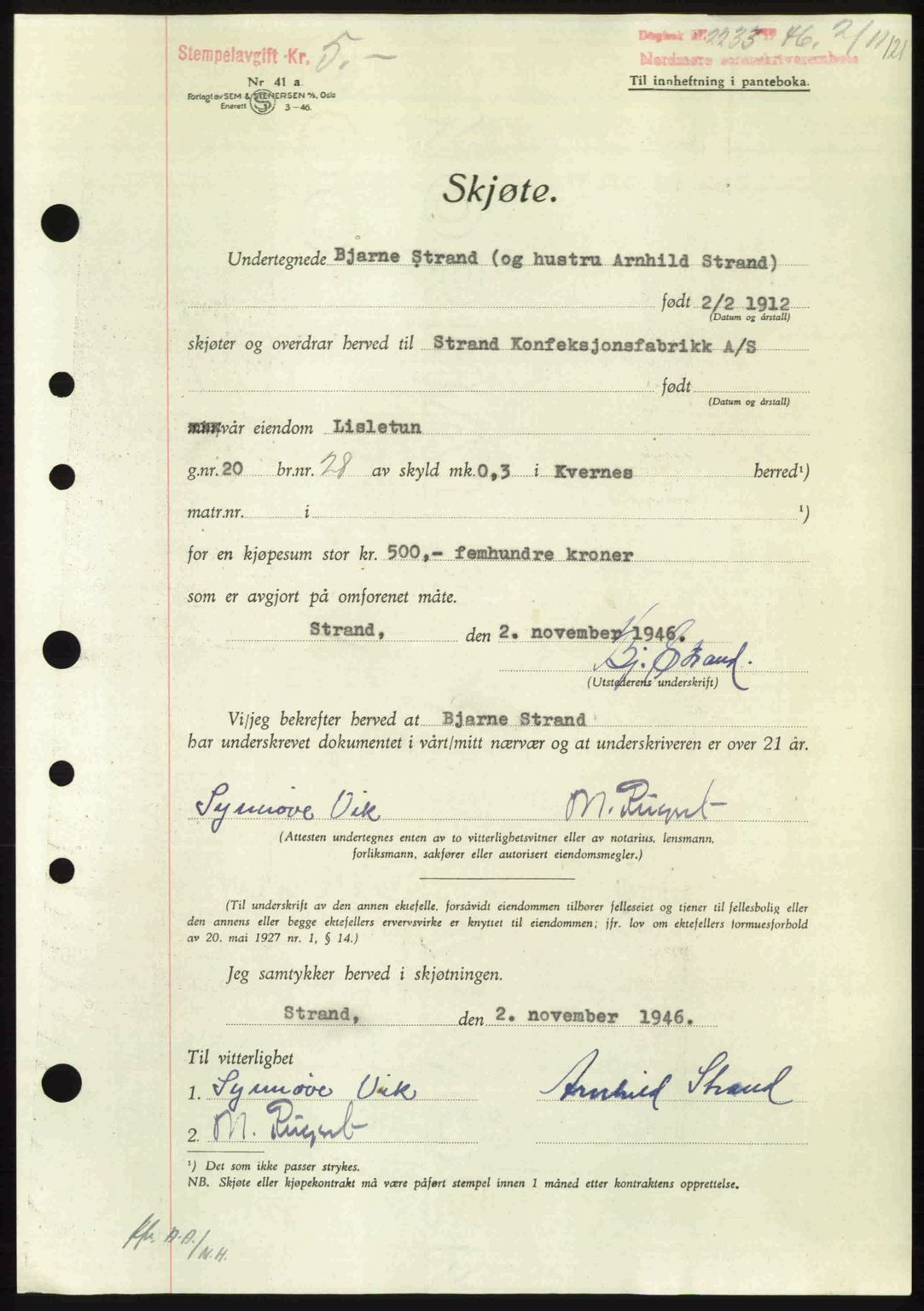 Nordmøre sorenskriveri, AV/SAT-A-4132/1/2/2Ca: Mortgage book no. A103, 1946-1947, Diary no: : 2233/1946