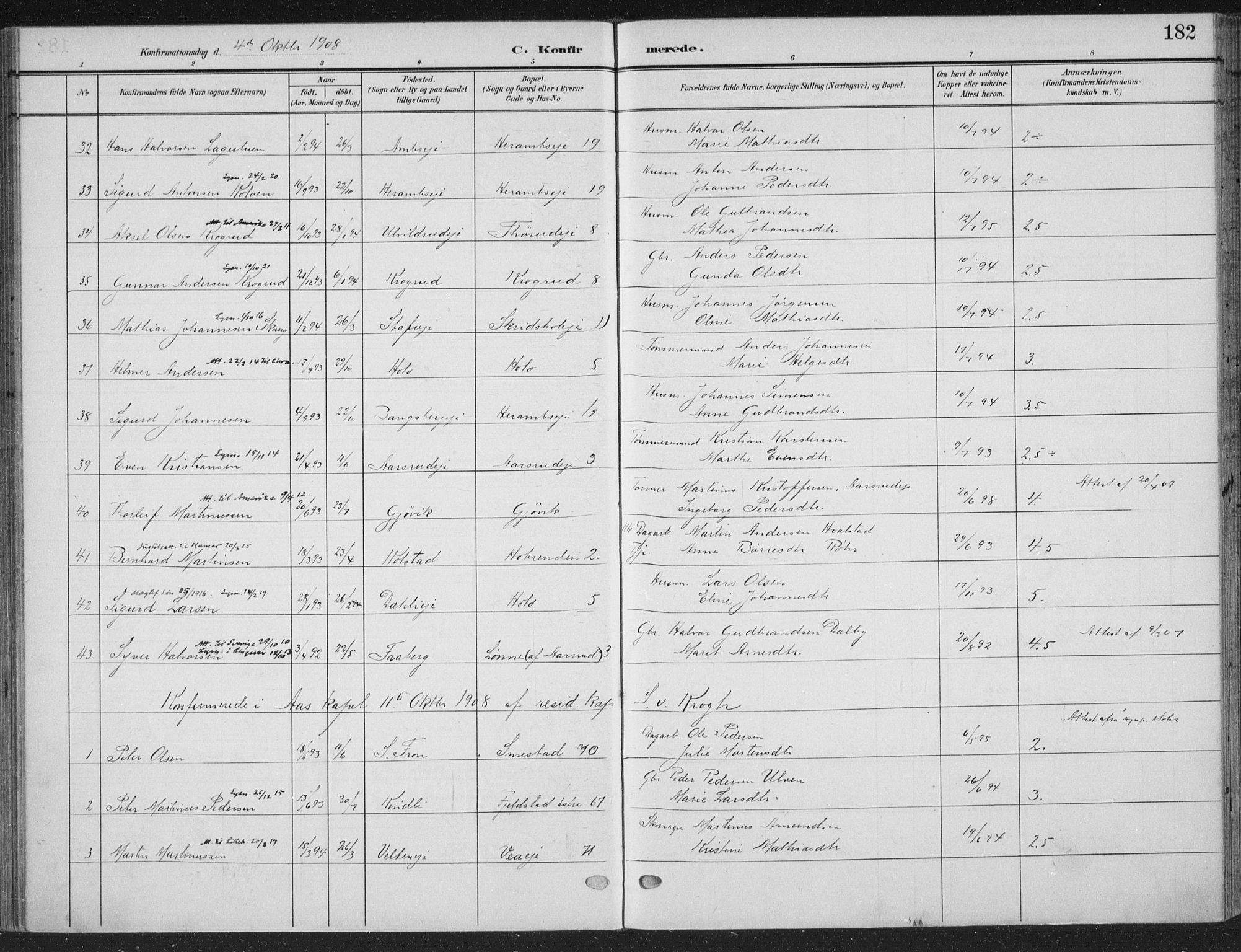 Ringsaker prestekontor, AV/SAH-PREST-014/K/Ka/L0018: Parish register (official) no. 18, 1903-1912, p. 182