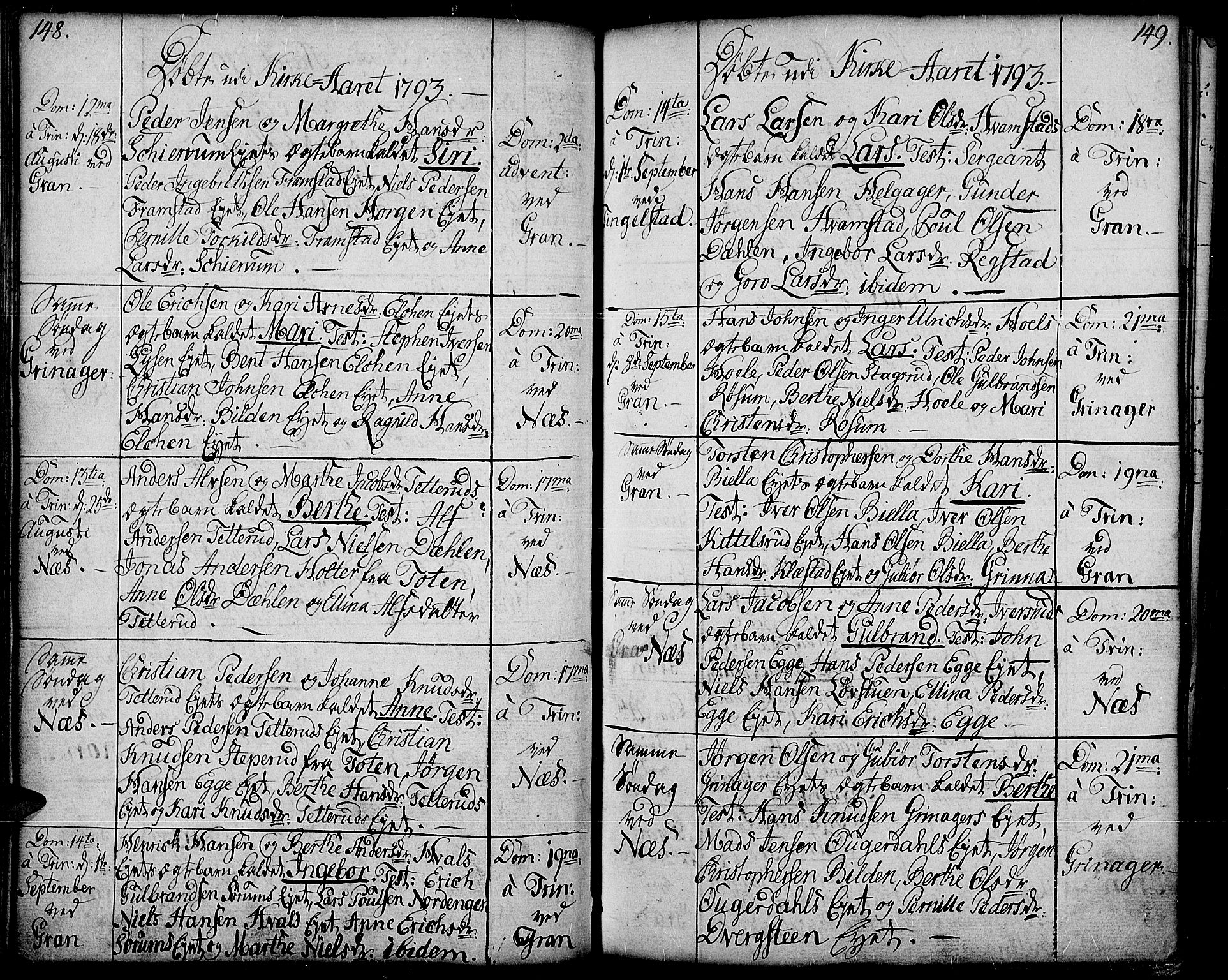 Gran prestekontor, AV/SAH-PREST-112/H/Ha/Haa/L0006: Parish register (official) no. 6, 1787-1824, p. 148-149