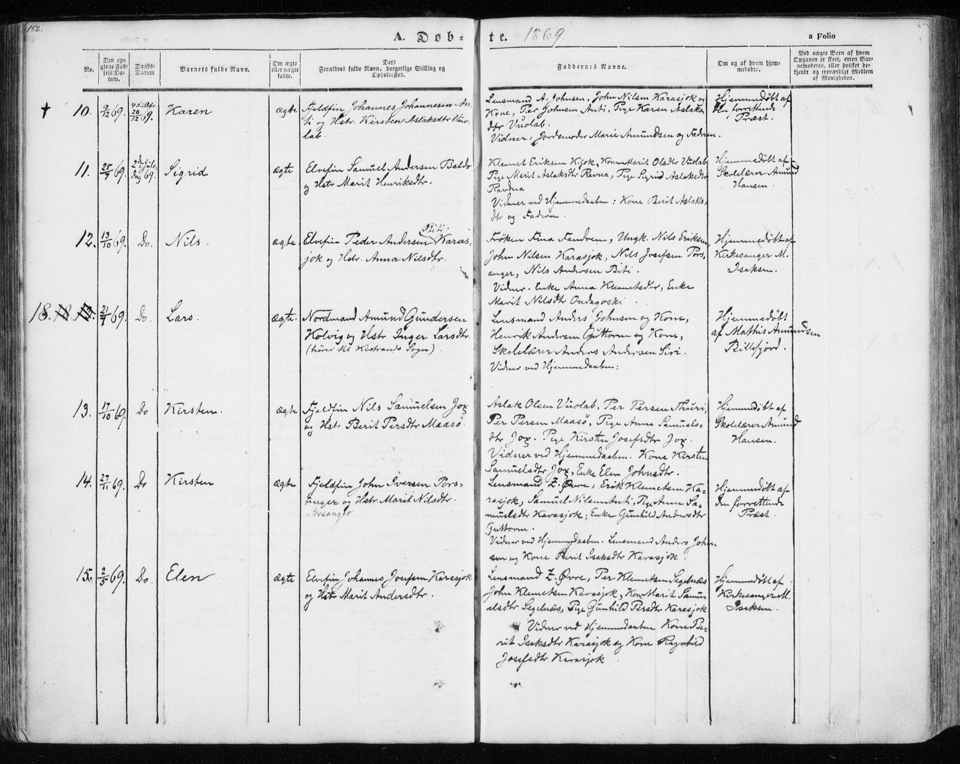 Kistrand/Porsanger sokneprestembete, AV/SATØ-S-1351/H/Ha/L0012.kirke: Parish register (official) no. 12, 1843-1871, p. 182-183