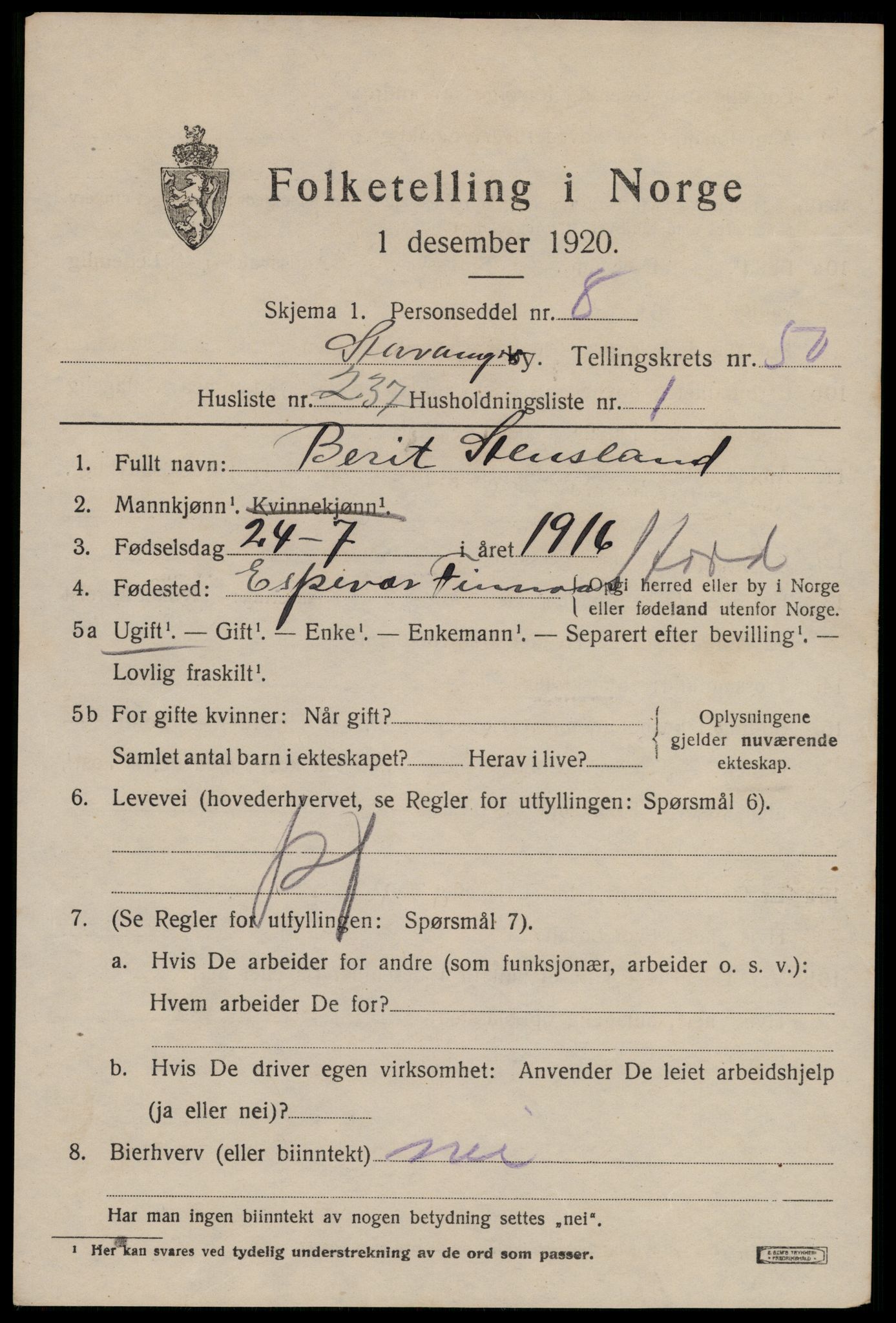 SAST, 1920 census for Stavanger, 1920, p. 122326