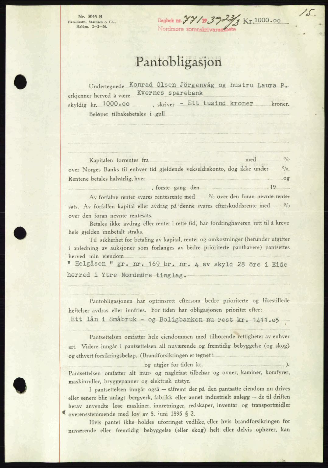 Nordmøre sorenskriveri, AV/SAT-A-4132/1/2/2Ca: Mortgage book no. B85, 1939-1939, Diary no: : 770/1939