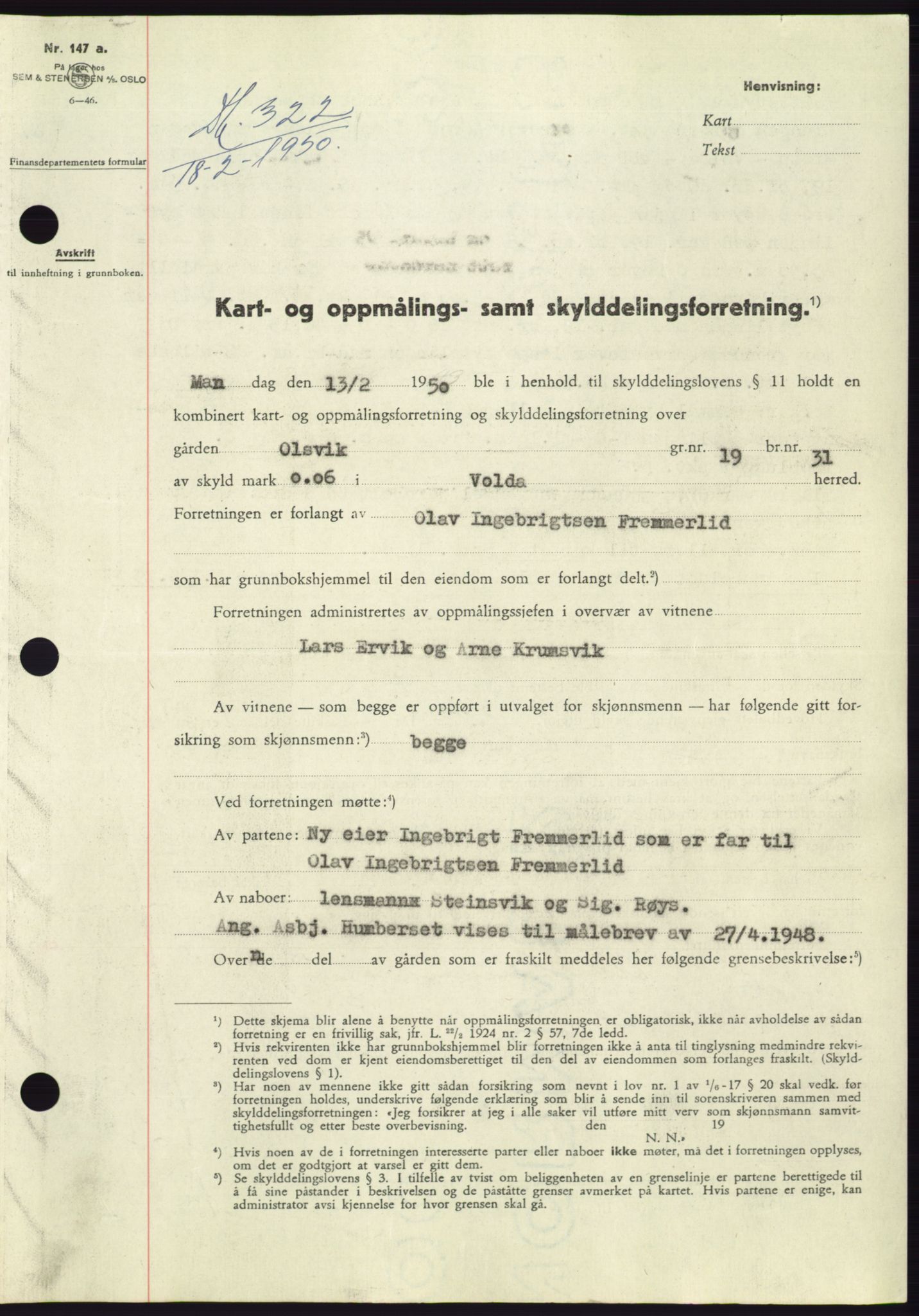 Søre Sunnmøre sorenskriveri, AV/SAT-A-4122/1/2/2C/L0086: Mortgage book no. 12A, 1949-1950, Diary no: : 322/1950