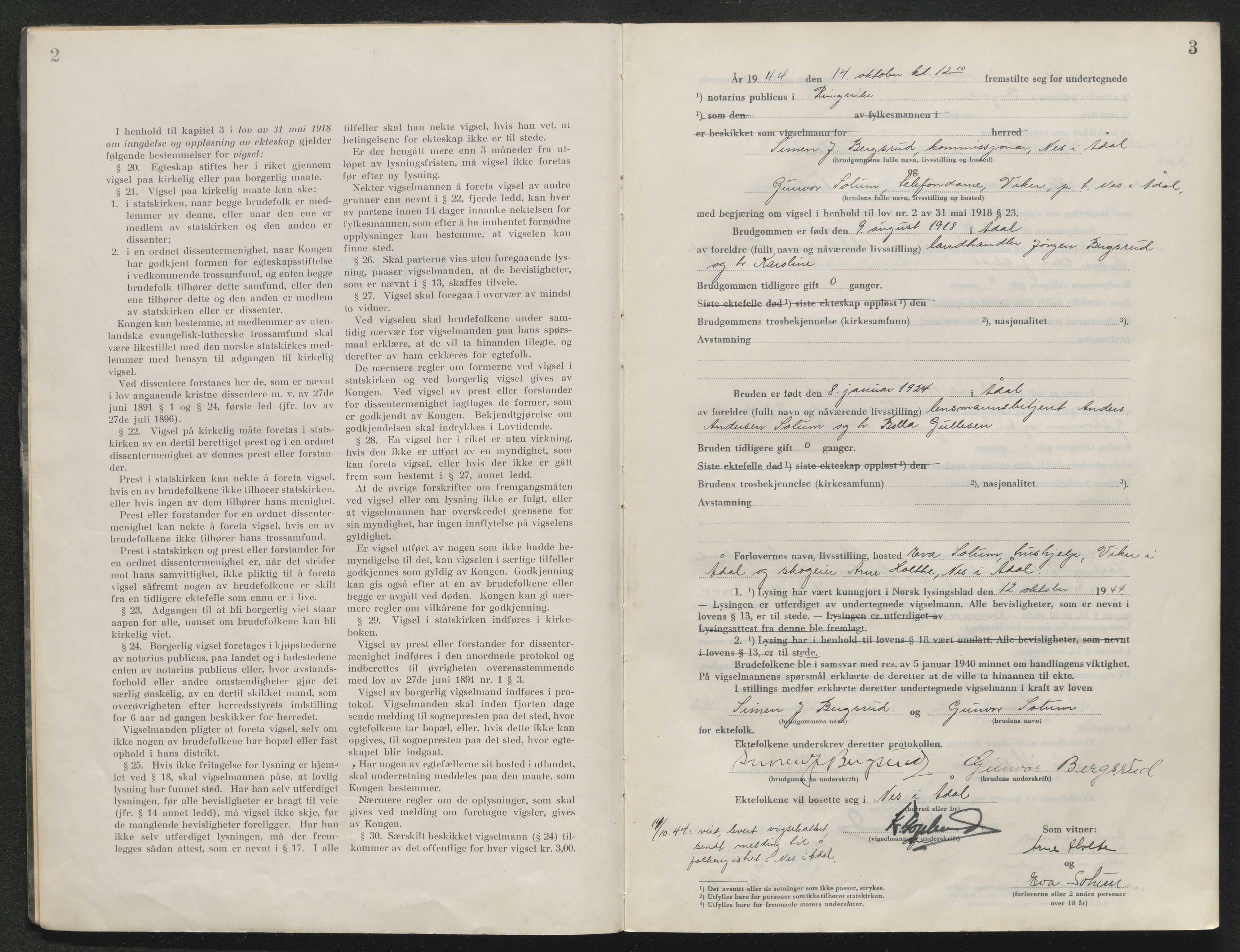 Ringerike sorenskriveri, AV/SAKO-A-105/L/Lc/L0004: Vigselsbok, 1944-1947, p. 2-3