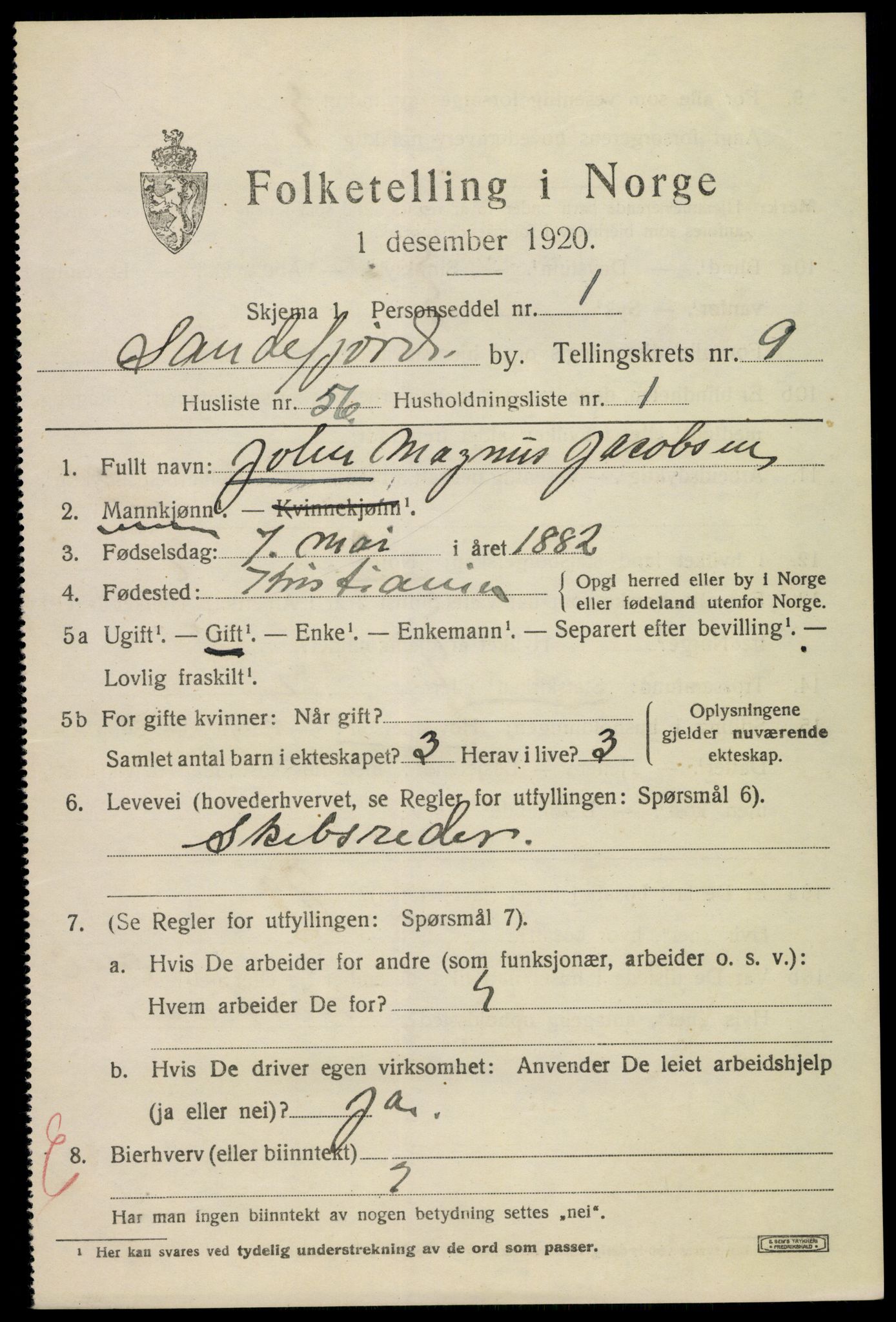 SAKO, 1920 census for Sandefjord, 1920, p. 13846