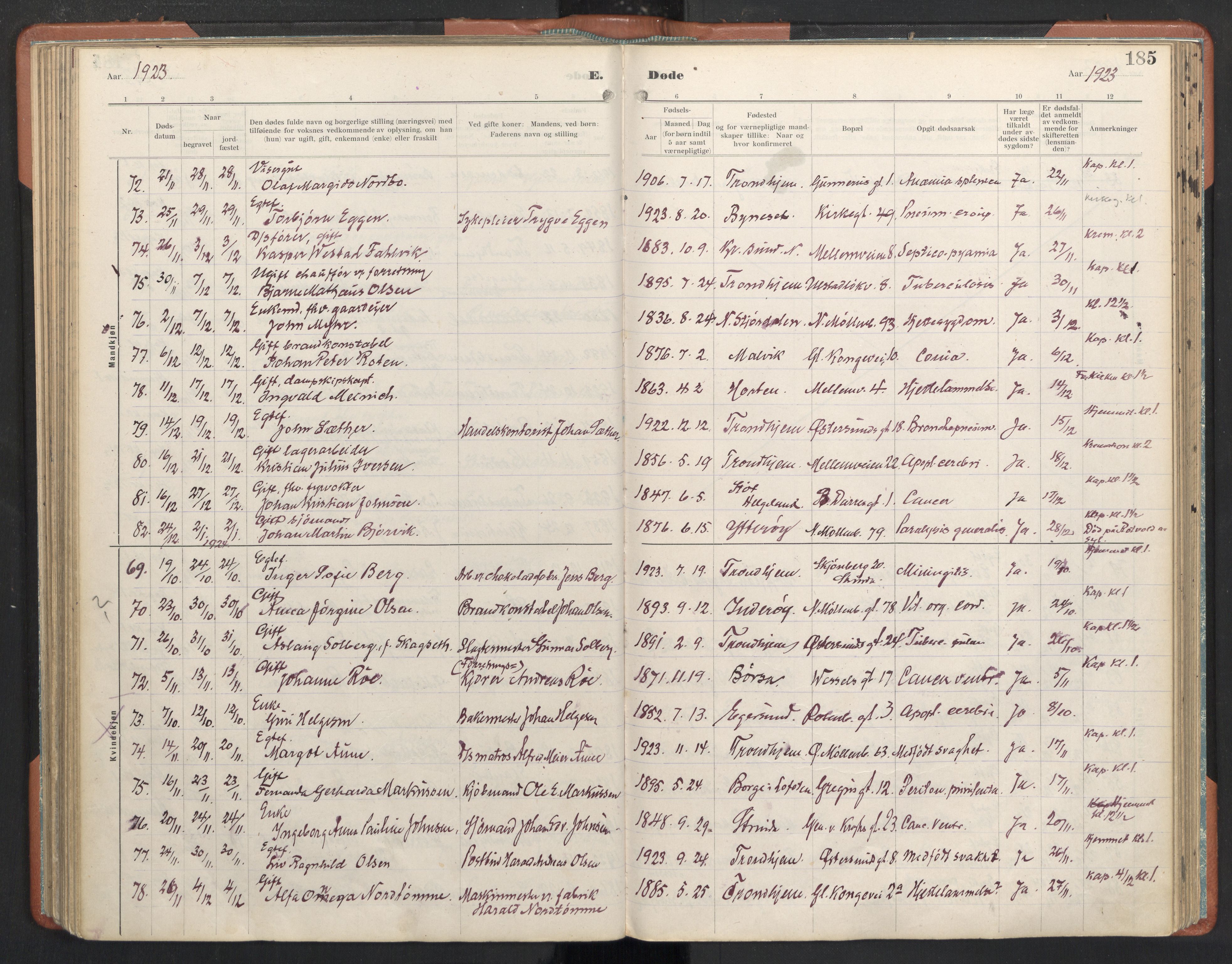 Ministerialprotokoller, klokkerbøker og fødselsregistre - Sør-Trøndelag, AV/SAT-A-1456/605/L0245: Parish register (official) no. 605A07, 1916-1938, p. 185