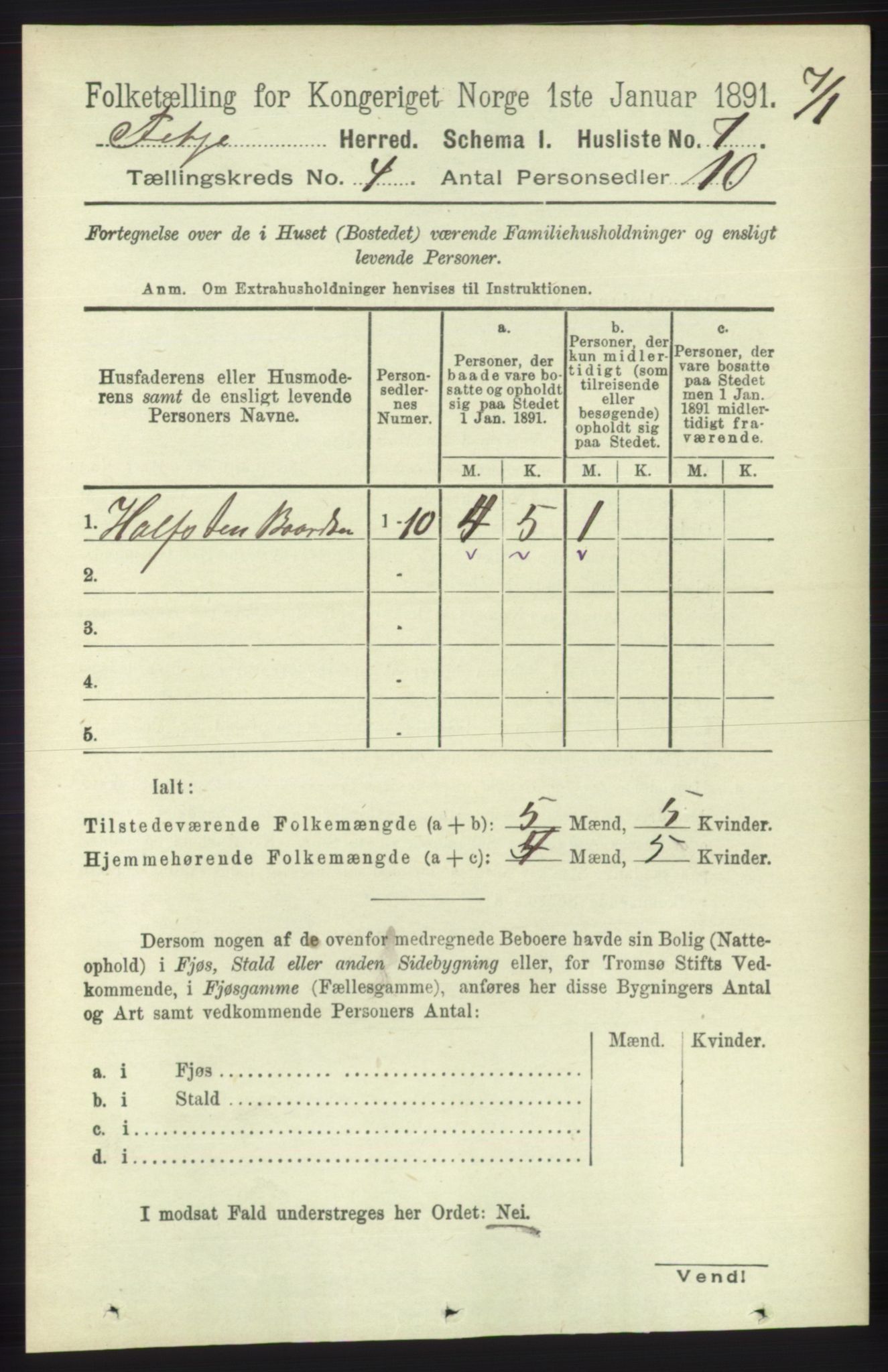 RA, 1891 census for 1222 Fitjar, 1891, p. 1295