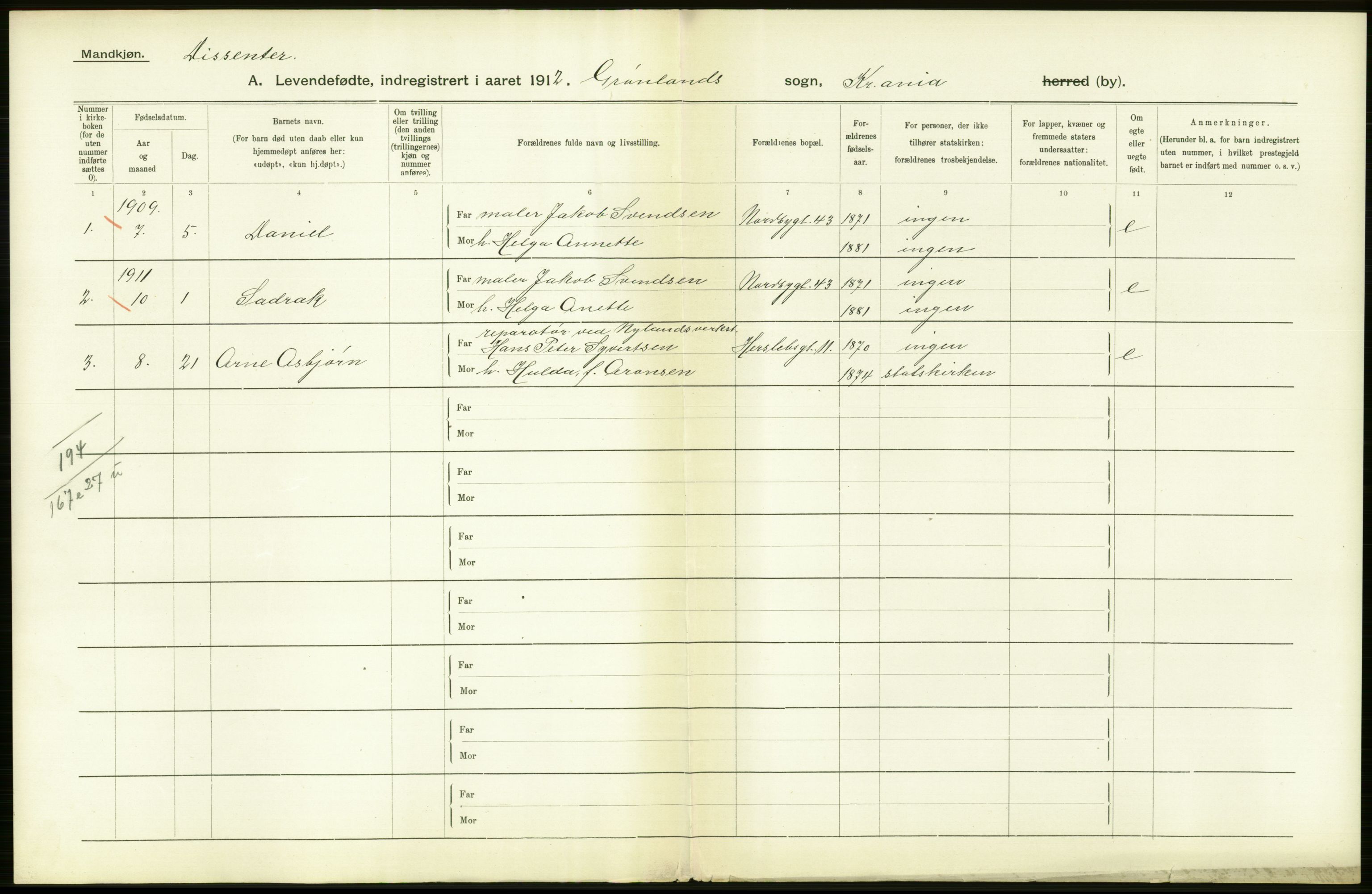 Statistisk sentralbyrå, Sosiodemografiske emner, Befolkning, RA/S-2228/D/Df/Dfb/Dfbb/L0006: Kristiania:  Levendefødte menn og kvinner., 1912, p. 400