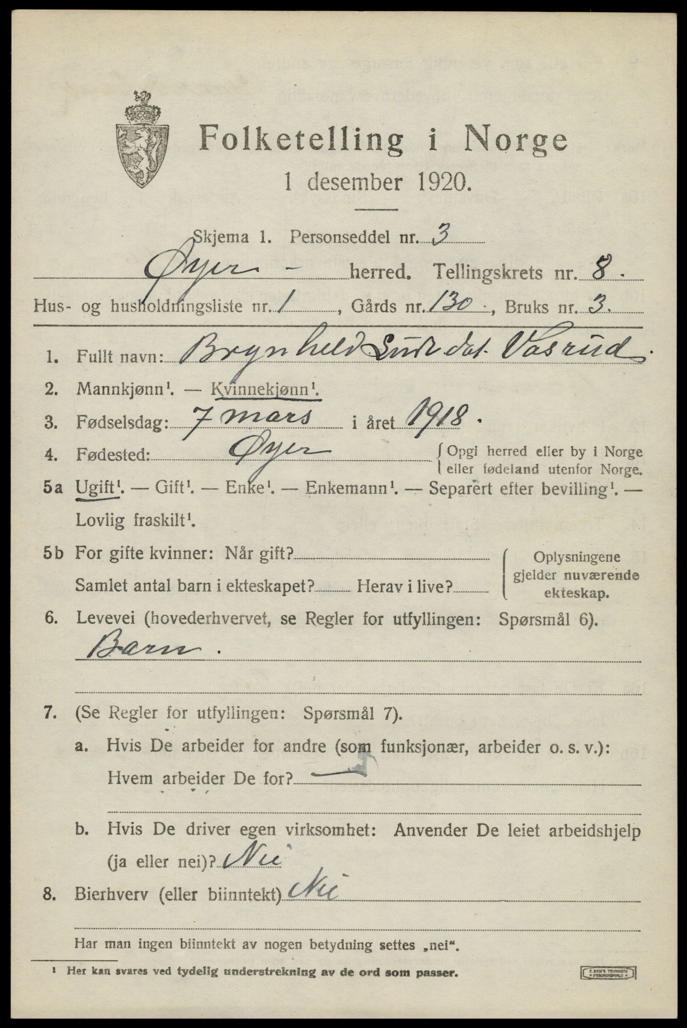 SAH, 1920 census for Øyer, 1920, p. 6714