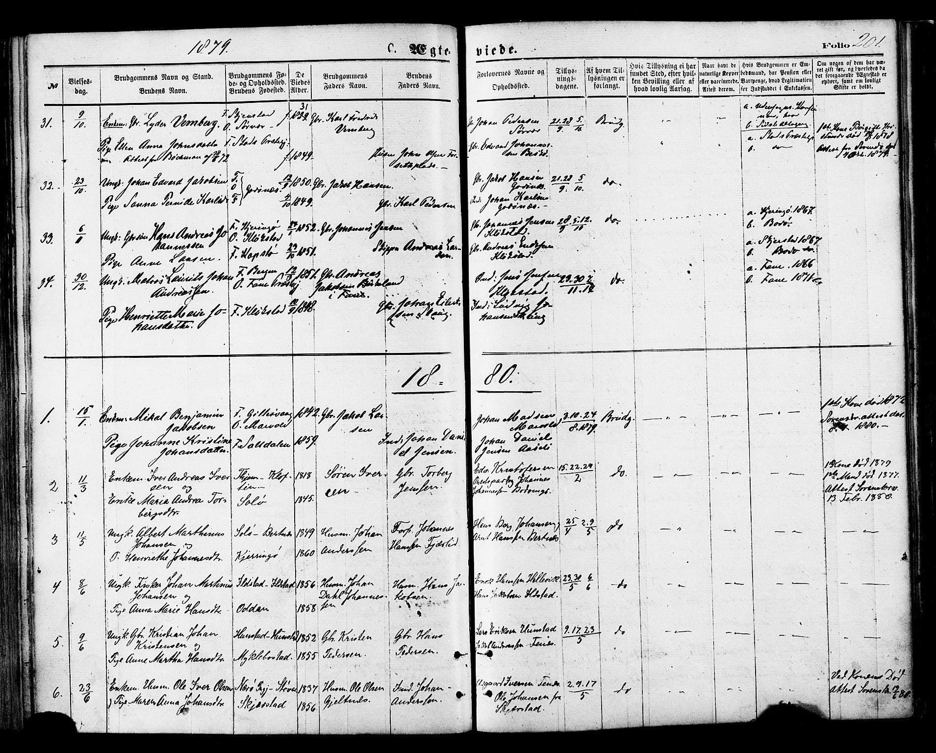 Ministerialprotokoller, klokkerbøker og fødselsregistre - Nordland, AV/SAT-A-1459/801/L0009: Parish register (official) no. 801A09, 1876-1883, p. 201