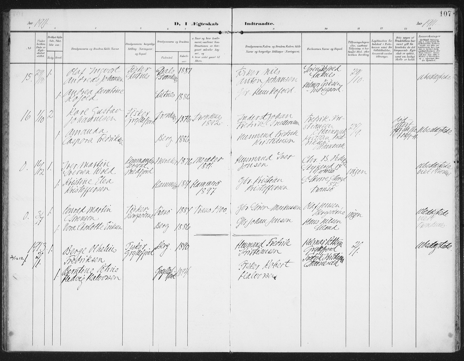 Berg sokneprestkontor, AV/SATØ-S-1318/G/Ga/Gaa/L0007kirke: Parish register (official) no. 7, 1906-1915, p. 107