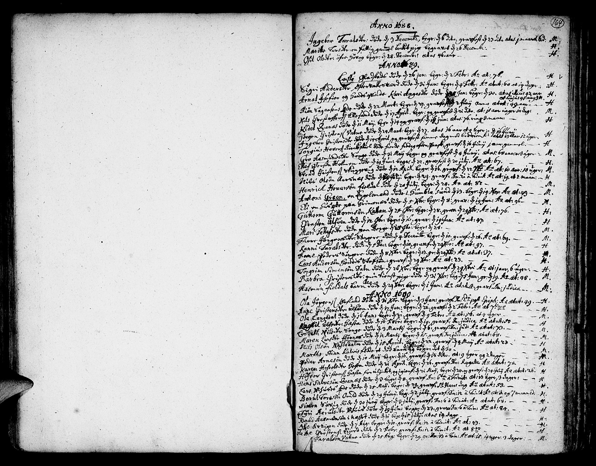 Vestre Moland sokneprestkontor, SAK/1111-0046/F/Fa/Fab/L0001: Parish register (official) no. A 1, 1687-1760, p. 164