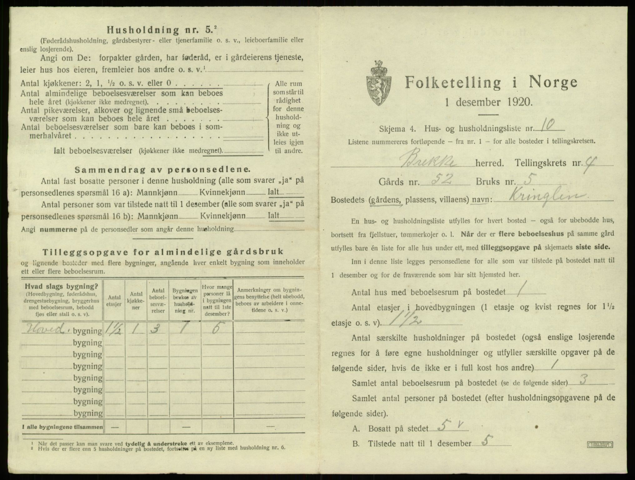 SAB, 1920 census for Brekke, 1920, p. 144